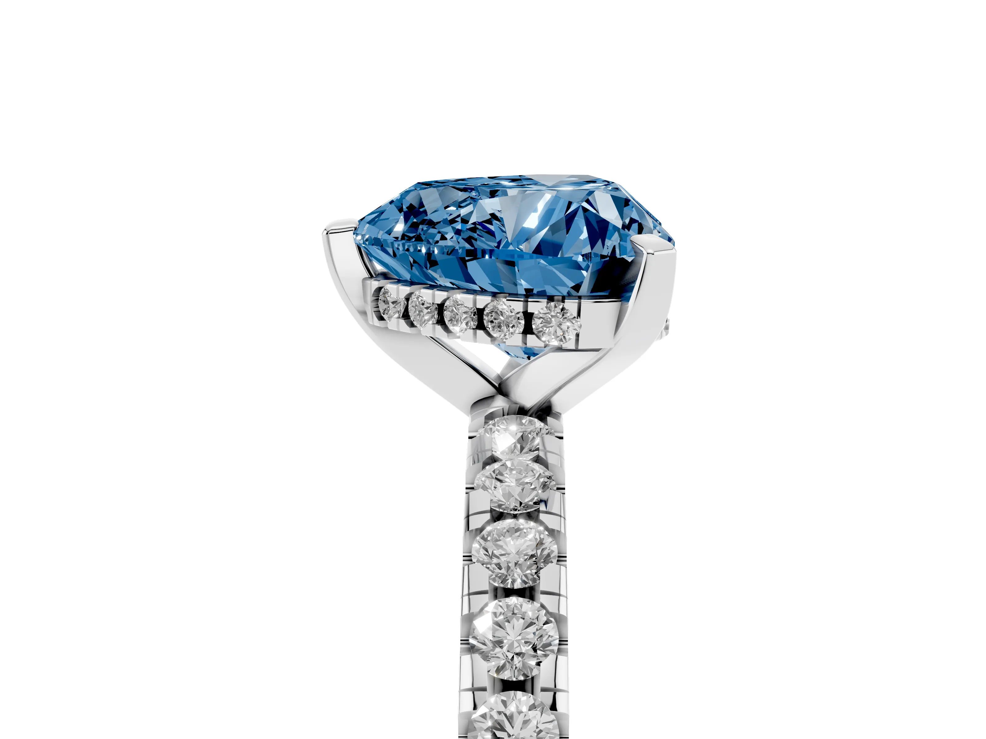 Fancy Blue Heart Cut Diamond Pavé Solitaire Ring Set in Platinum with Round Band Accents and Prong Setting