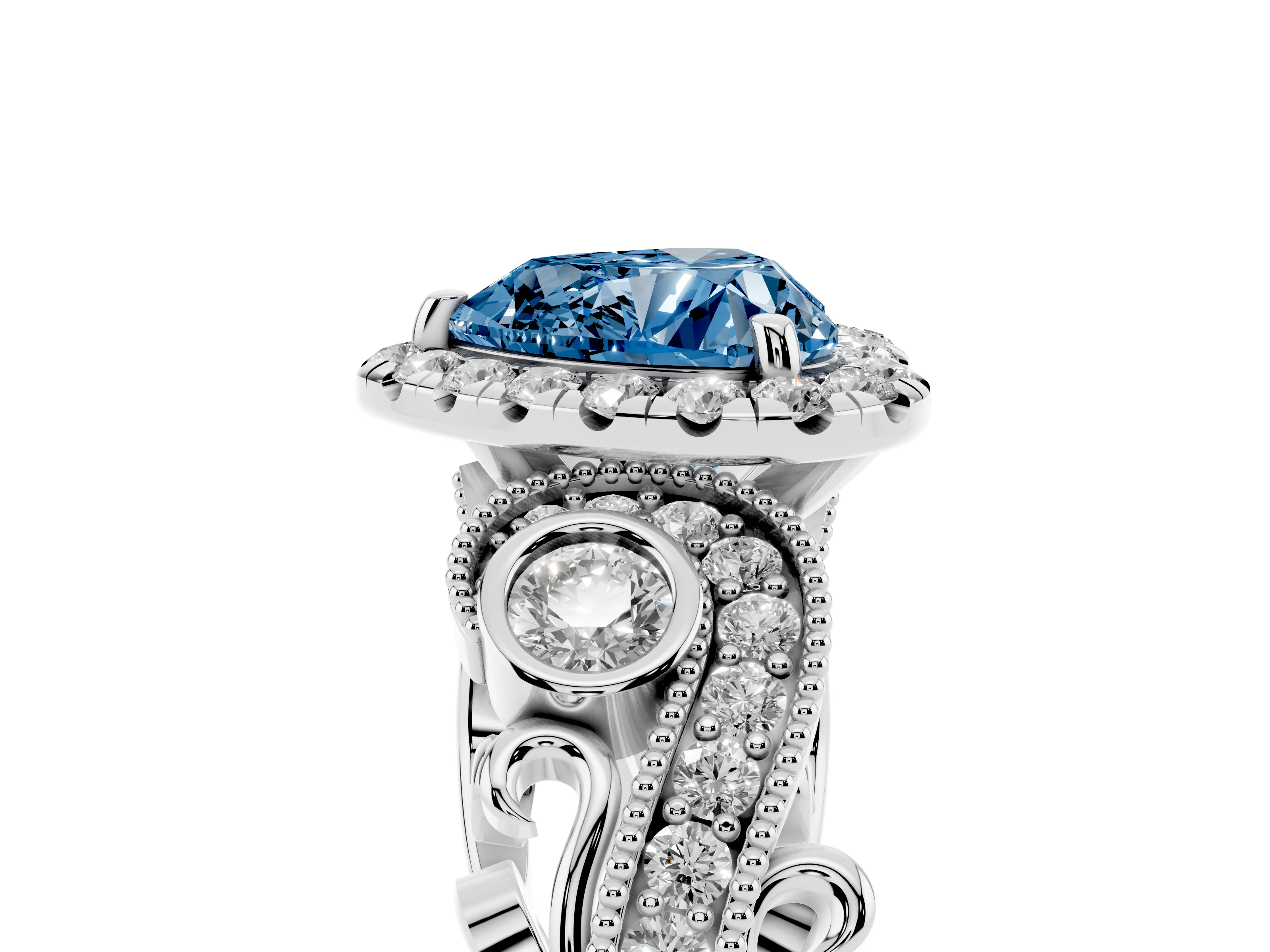 Fancy Blue Heart Cut Diamond Halo Ring Set in White gold with Milgrain Pavé Band and Prong Setting
