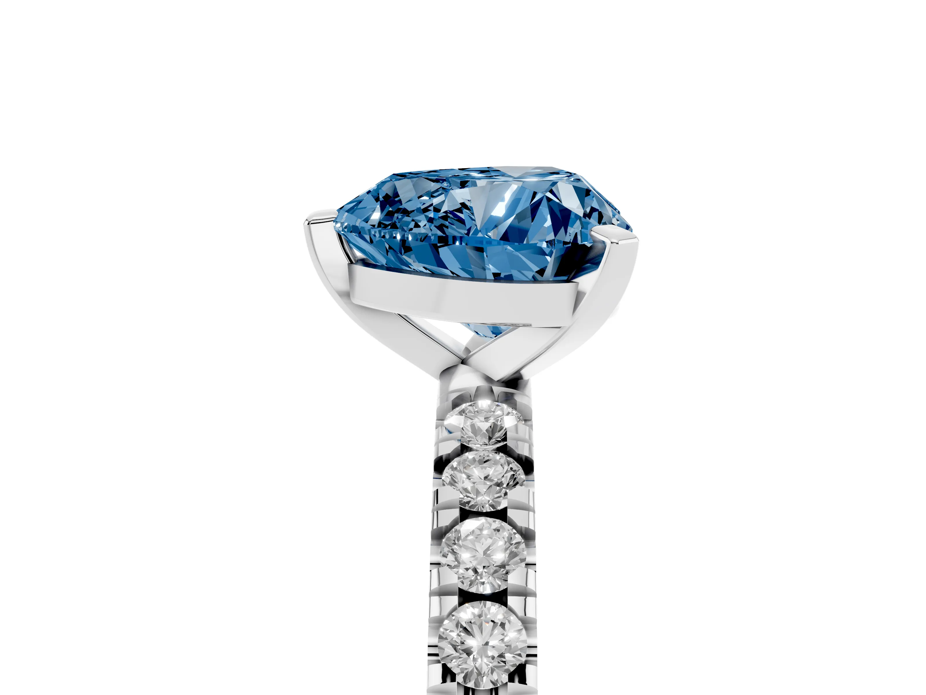 Fancy Blue Heart Cut Diamond Pavé Band Solitaire Set in White gold with Prong Setting