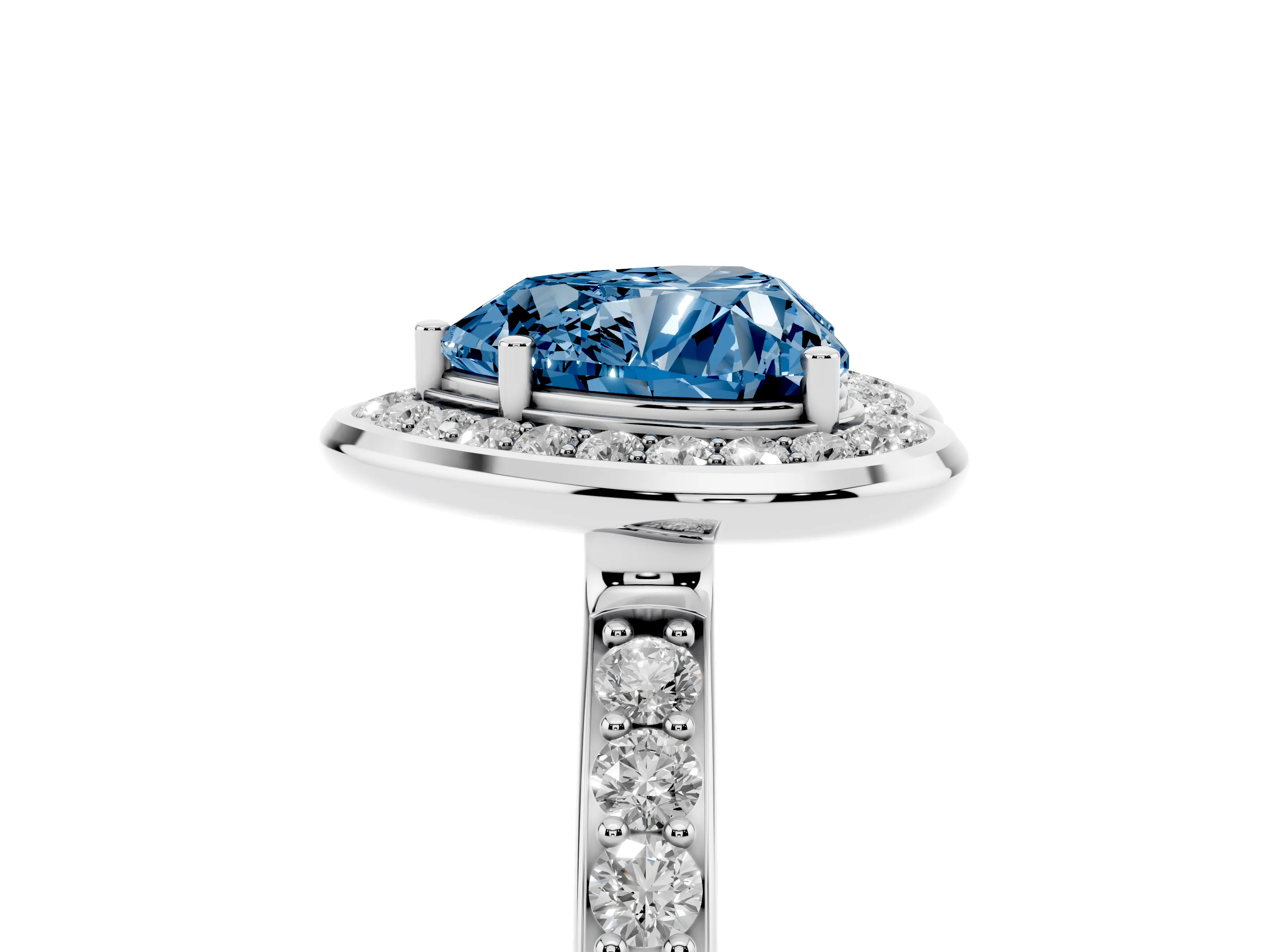 Fancy Blue Heart Cut Diamond Halo Ring Set in Silver with Bezel Frame and Pavé Band