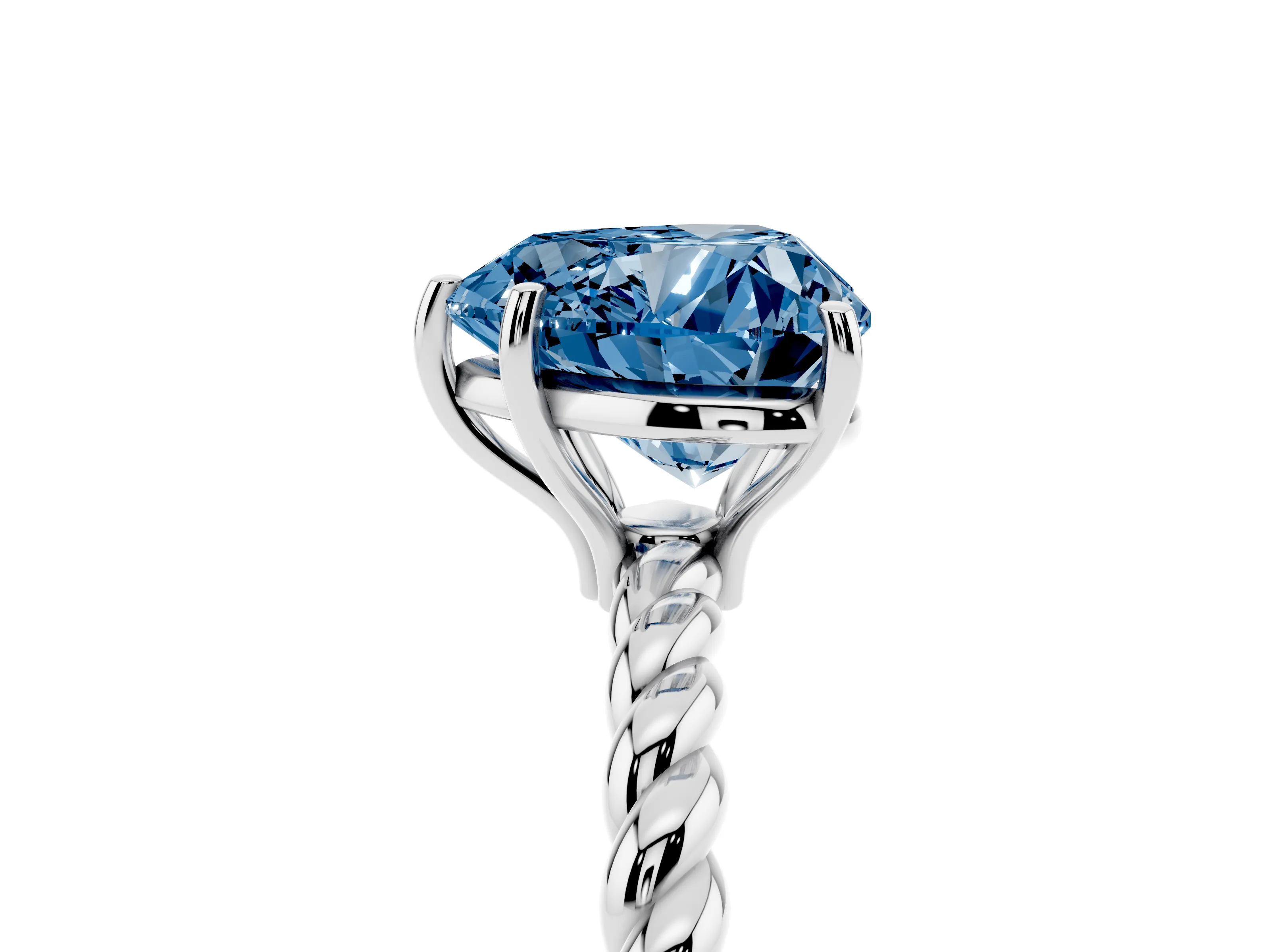 Fancy Blue Heart Cut Diamond Solitaire Ring Set in White gold with Twist Band and Prong Setting