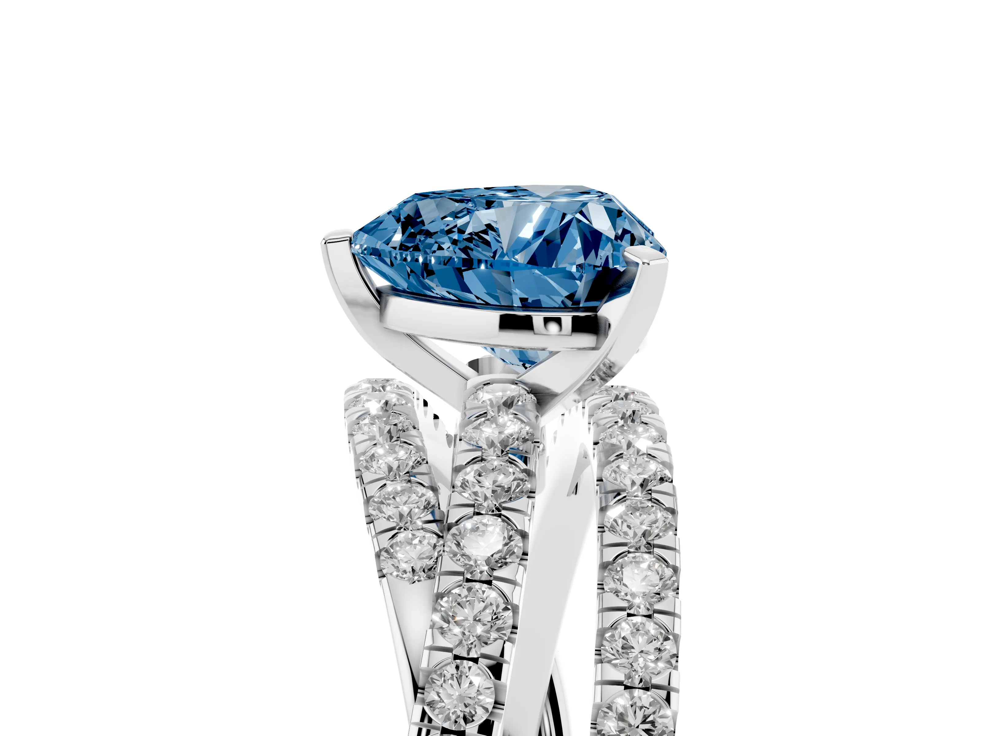 Fancy Blue Heart Cut Diamond Solitaire Twist Band Ring Set in Silver with Pavé Setting and Prong Head