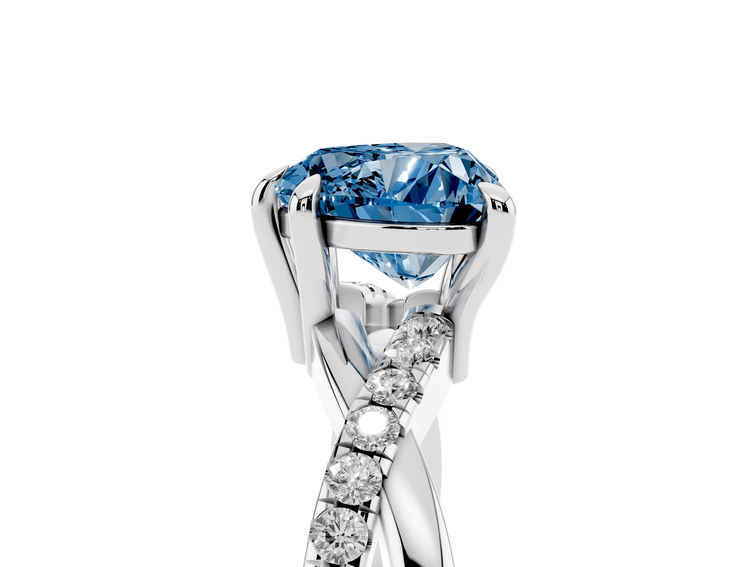 Fancy Blue Heart Cut Diamond Twist Band Solitaire Set in Platinum with Pavé Accents and Prong Setting