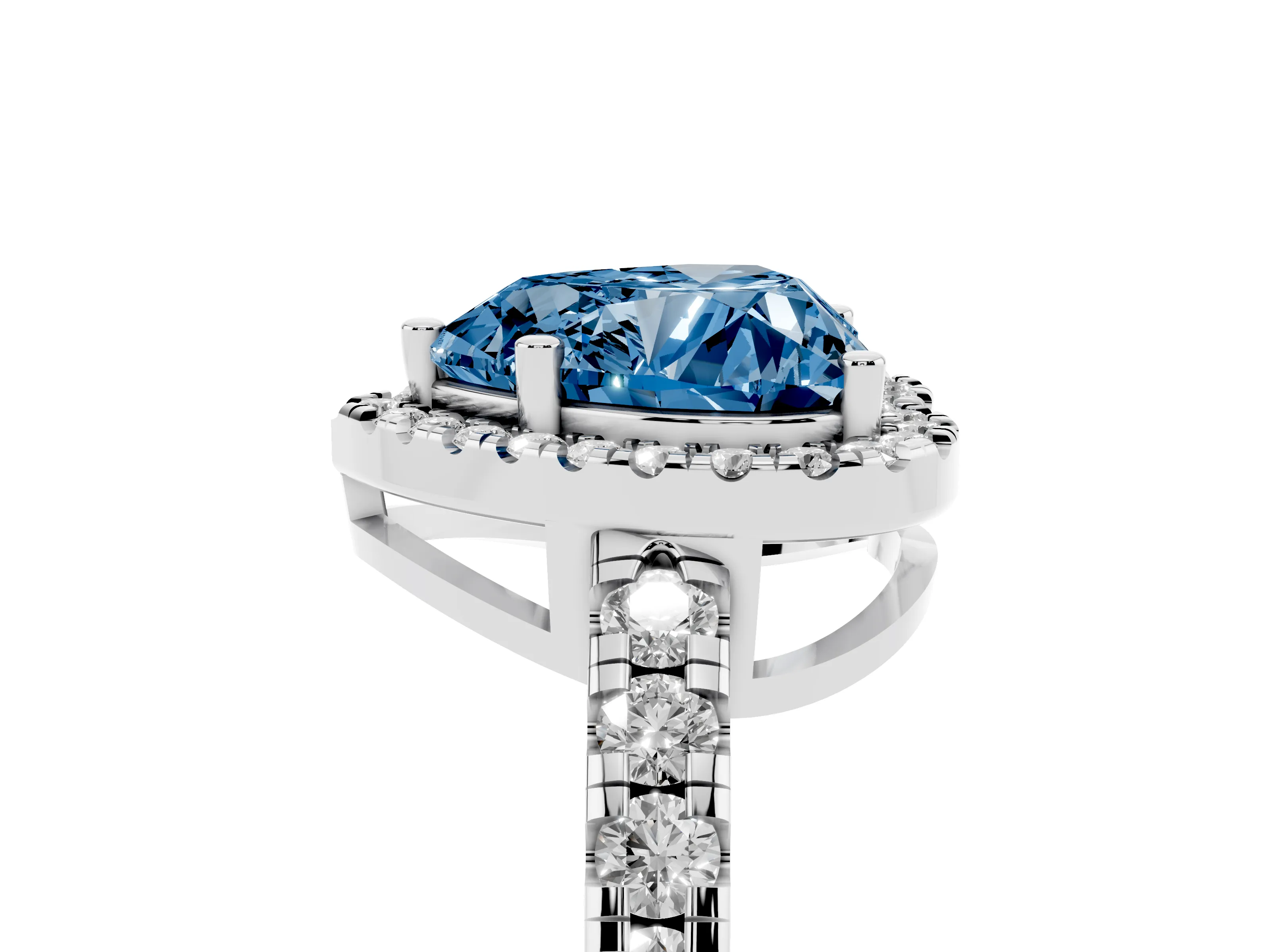Fancy Blue Heart Cut Diamond Halo Ring Set in Silver with Delicate Pavé Band and Prong Setting