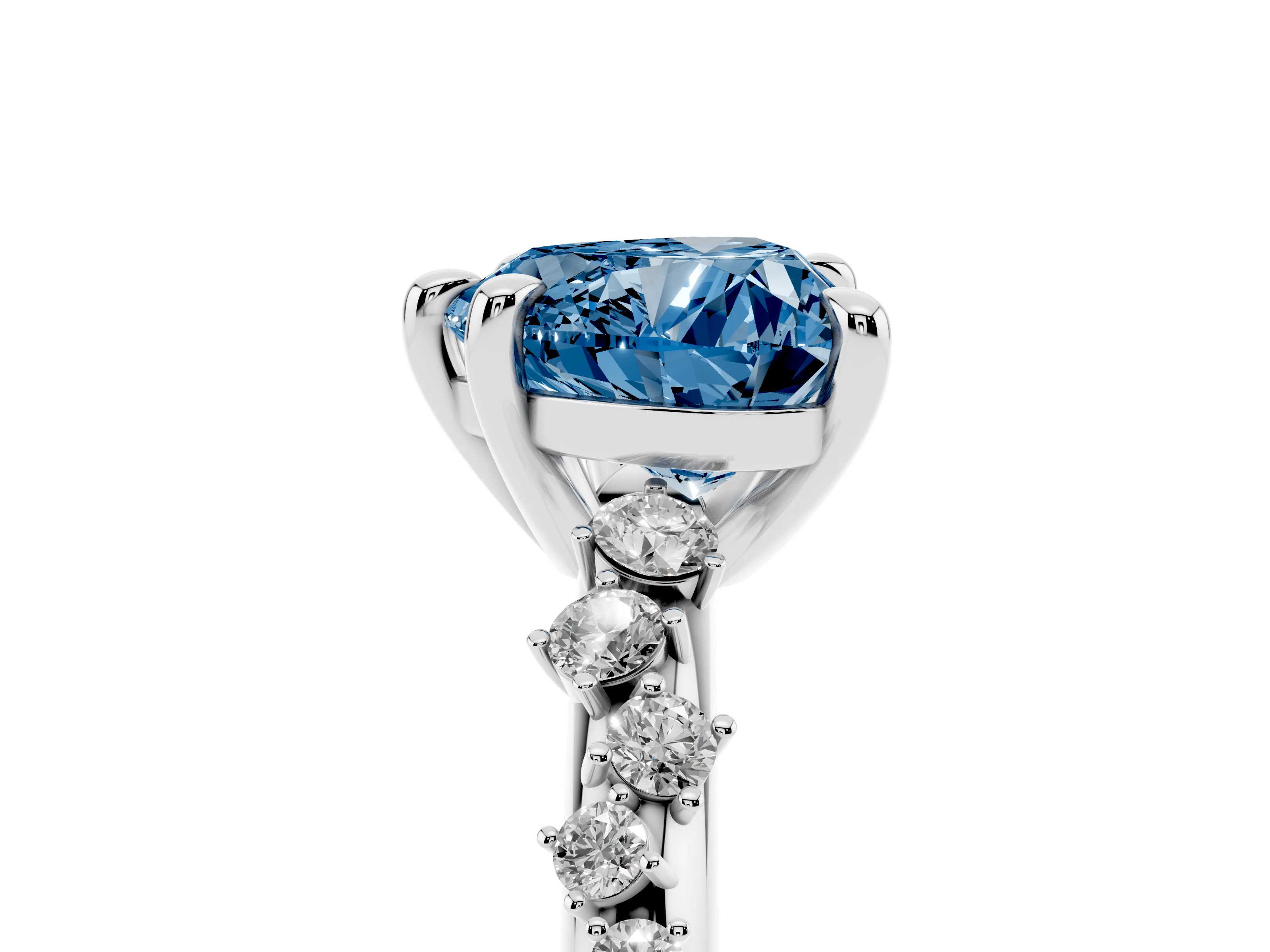 Fancy Blue Heart Cut Diamond Solitaire Vine Band Ring Set in Platinum with Round Accents and Prong Setting
