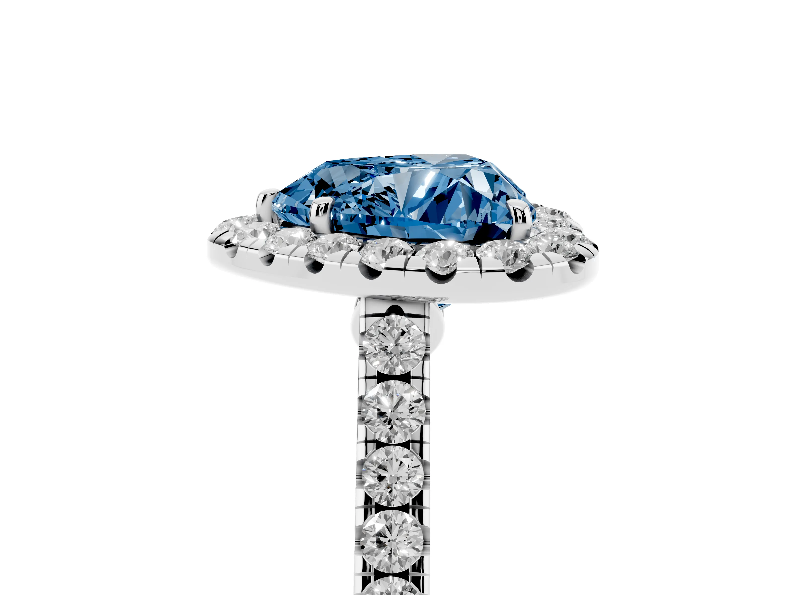 Fancy Blue Heart Cut Diamond Halo Pavé Engagement Ring Set in Platinum with Prong Setting