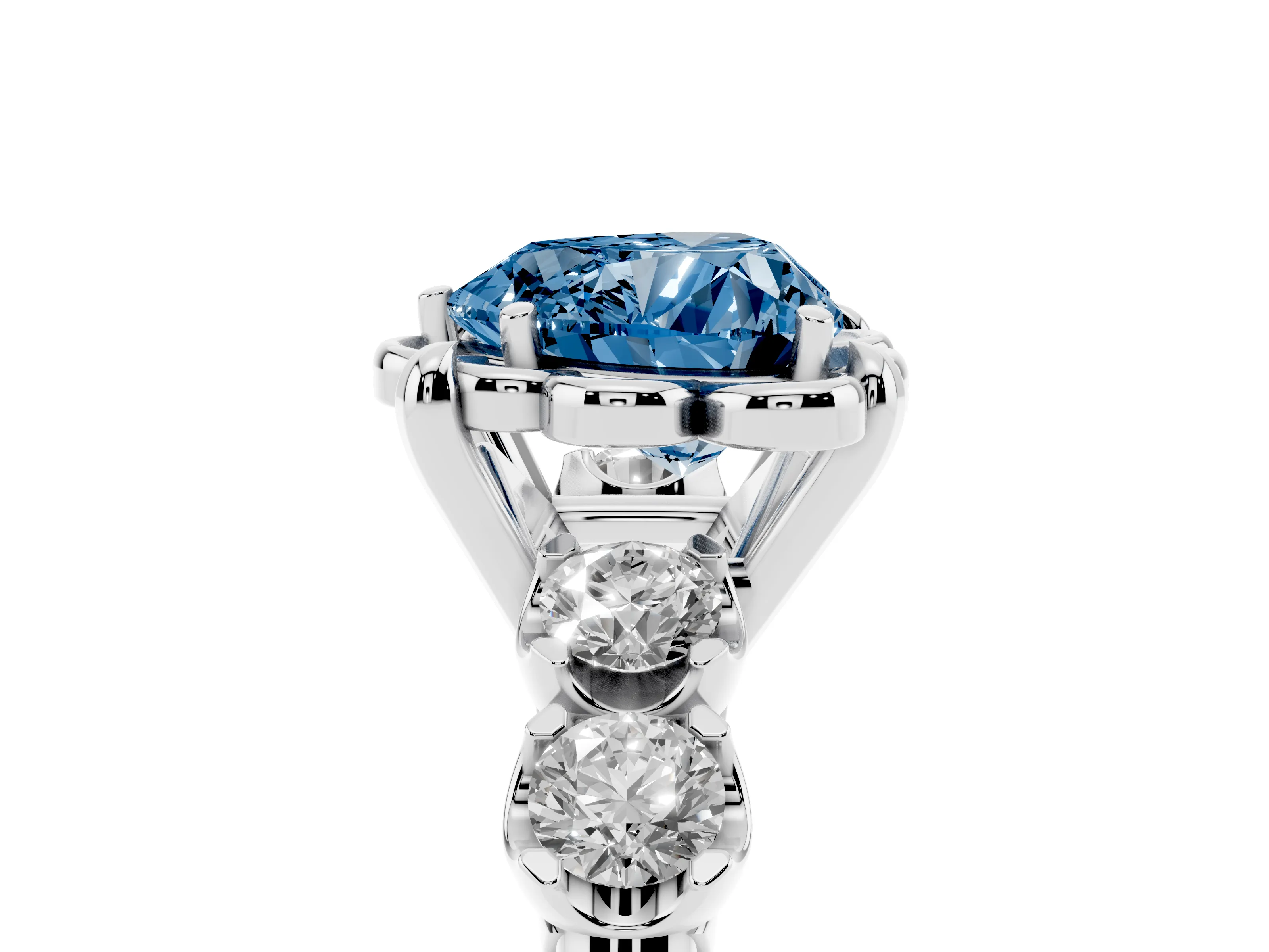 Fancy Blue Heart Cut Diamond Floral Halo Ring Set in White gold with Shared Prong Band