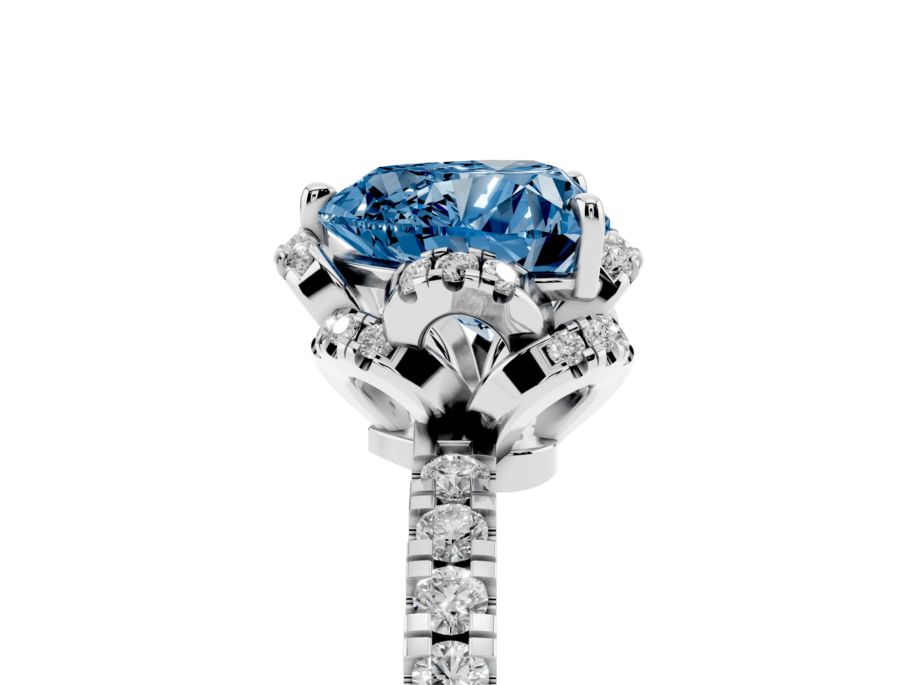Fancy Blue Heart Cut Diamond Halo Pavé Band Ring Set in White gold with Prong-Held Center