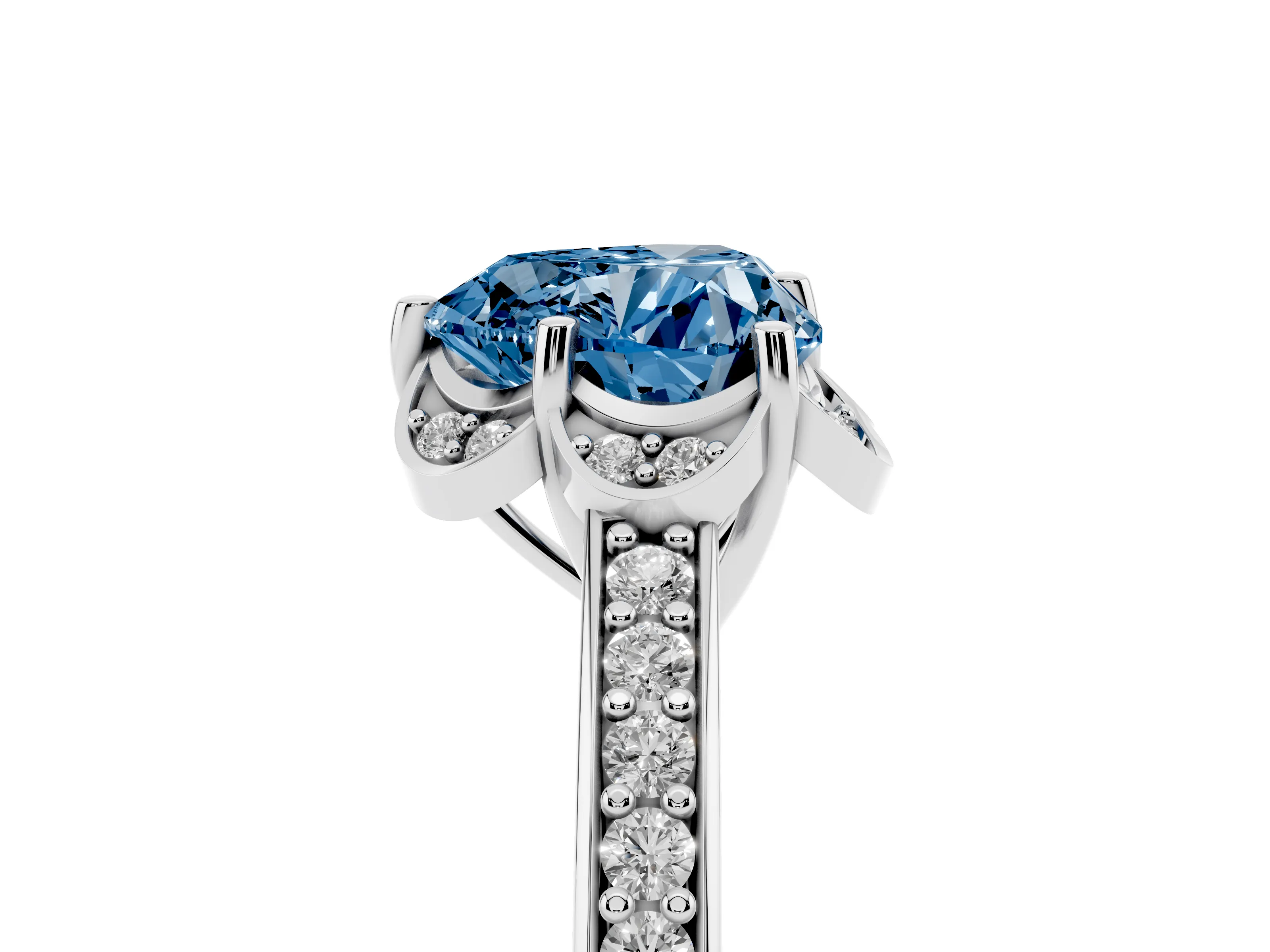 Fancy Blue Heart Cut Diamond Halo Ring Set in Platinum with Channel Set Band and Prong Setting