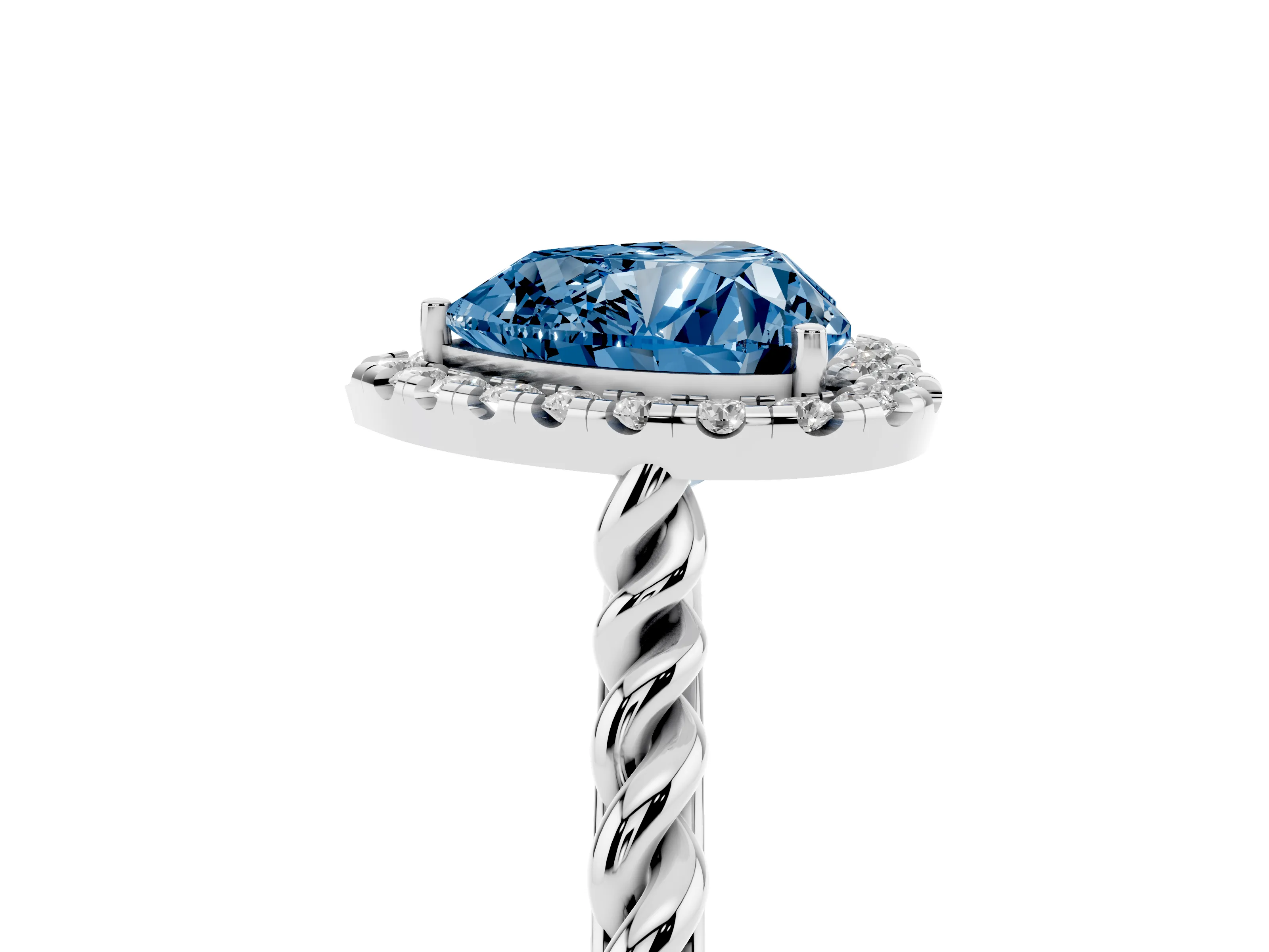 Fancy Blue Heart Cut Diamond Halo Ring Set in Silver with Plain Twisted Band