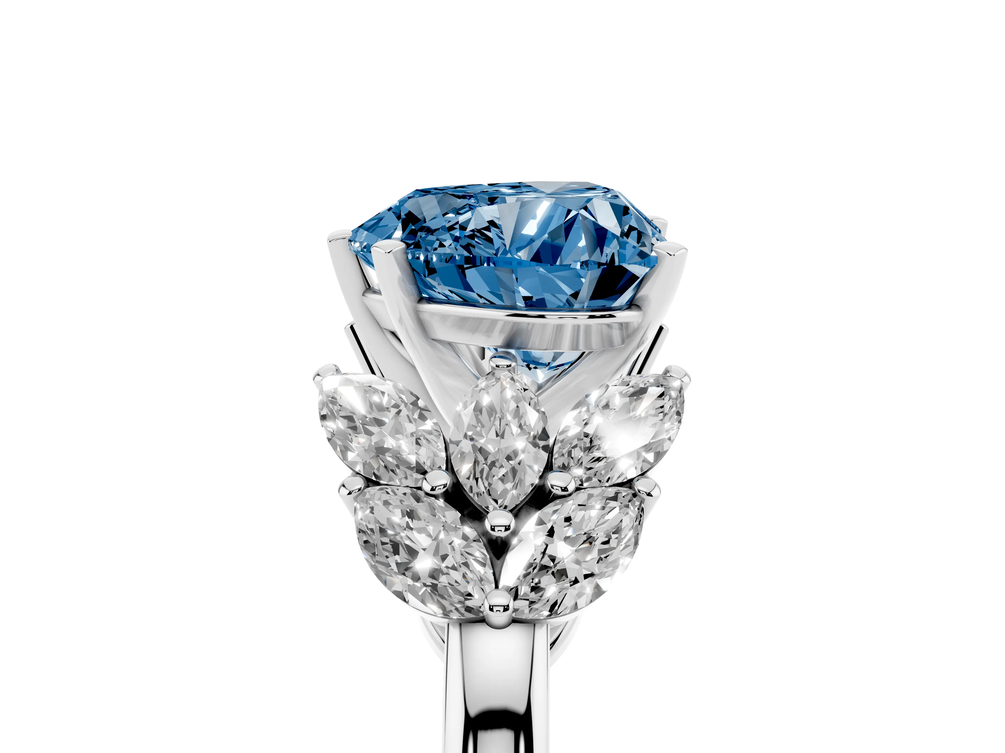 Fancy Blue Heart Cut Diamond Cluster Leaf Design Ring Set in Silver with Prong Setting