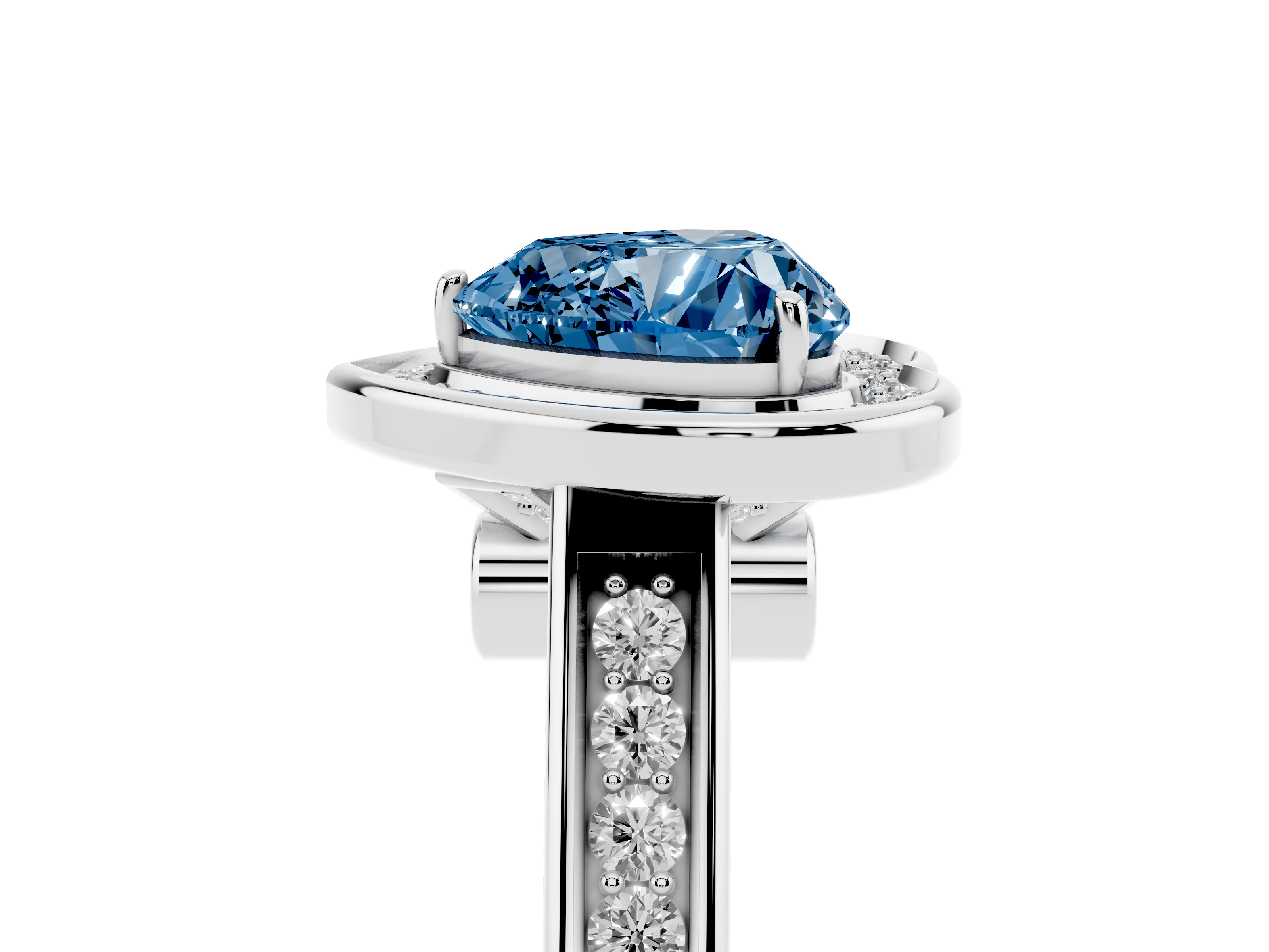 Fancy Blue Heart Cut Diamond Halo Solitaire Ring Set in Platinum with Pavé Band and Bezel Setting