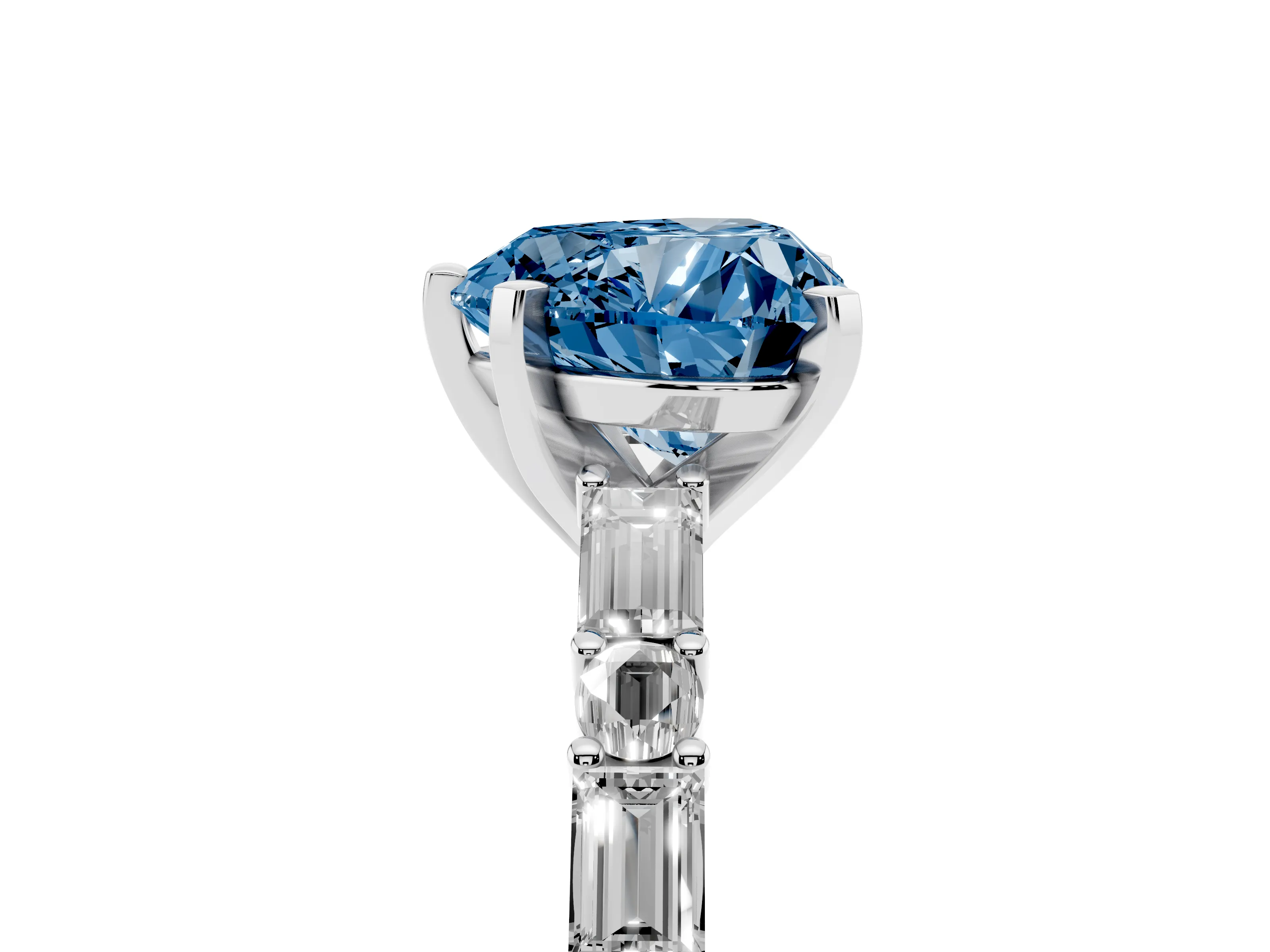 Fancy Blue Heart Cut Diamond Solitaire Set in Platinum with Side Baguettes and Channel Set Band