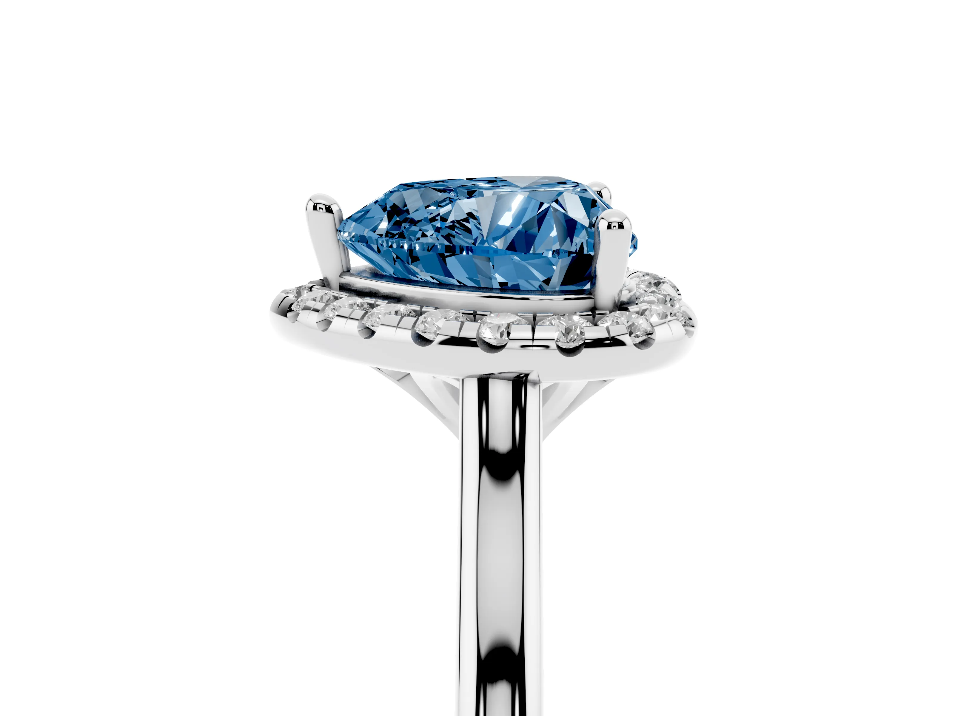 Fancy Blue Heart Cut Diamond Halo Engagement Ring Set in Platinum with Pavé Band and Rising Shoulders