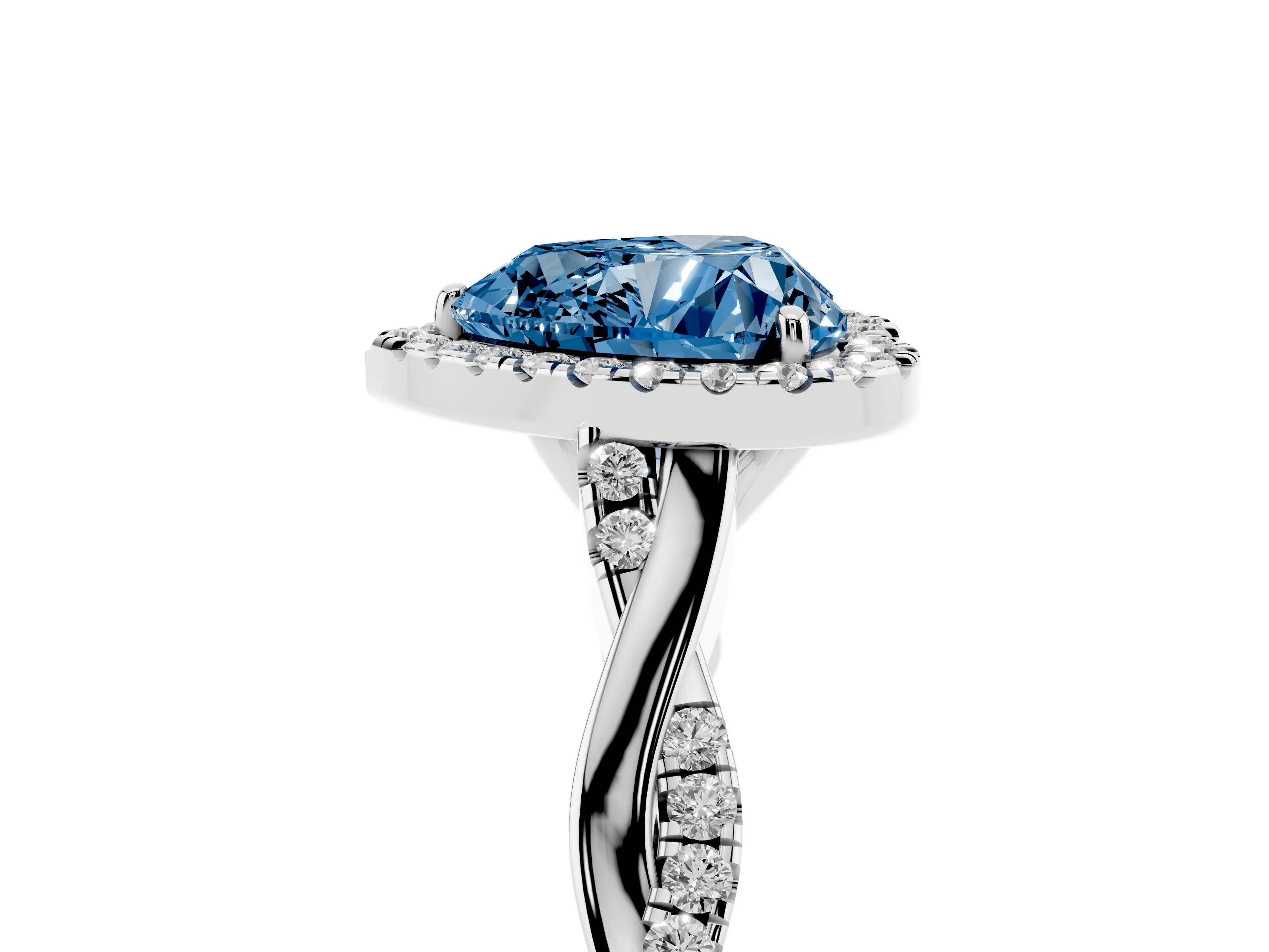 Fancy Blue Heart Cut Diamond Halo Twist Band Solitaire Ring Set in Platinum with Prong Setting