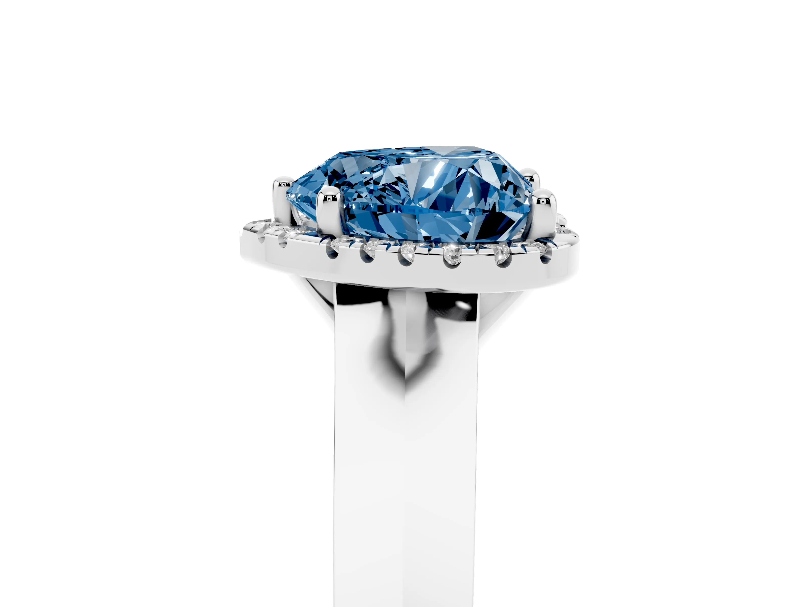 Fancy Blue Heart Cut Diamond Halo Ring Set in Platinum with Cathedral Band and Prong Setting