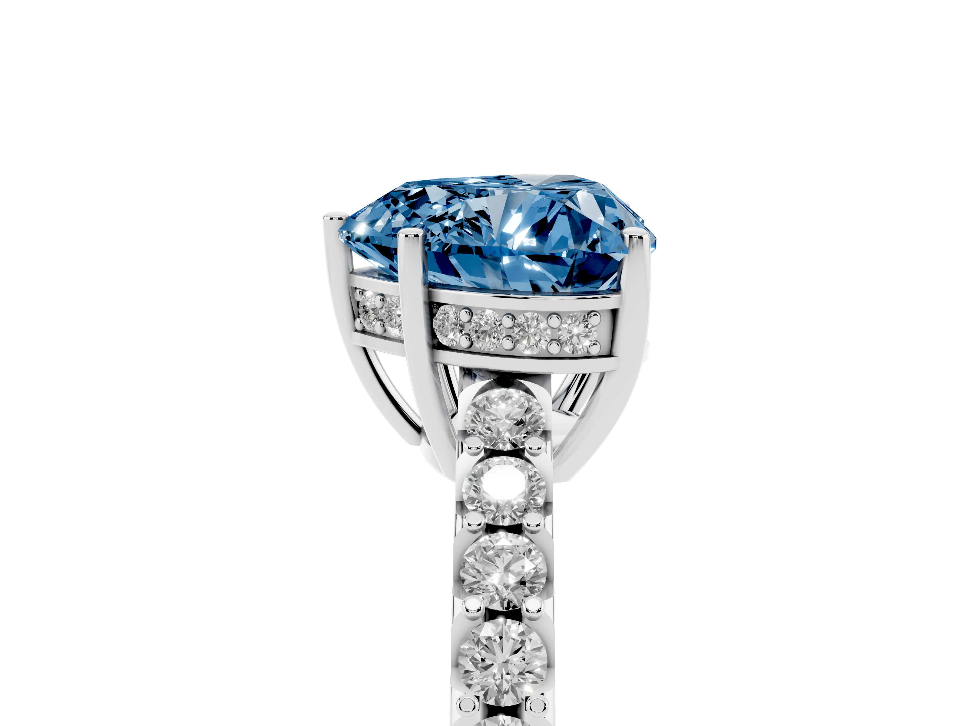 Fancy Blue Heart Cut Diamond Solitaire Engagement Ring Set in White gold with Pavé Band and Prong Setting