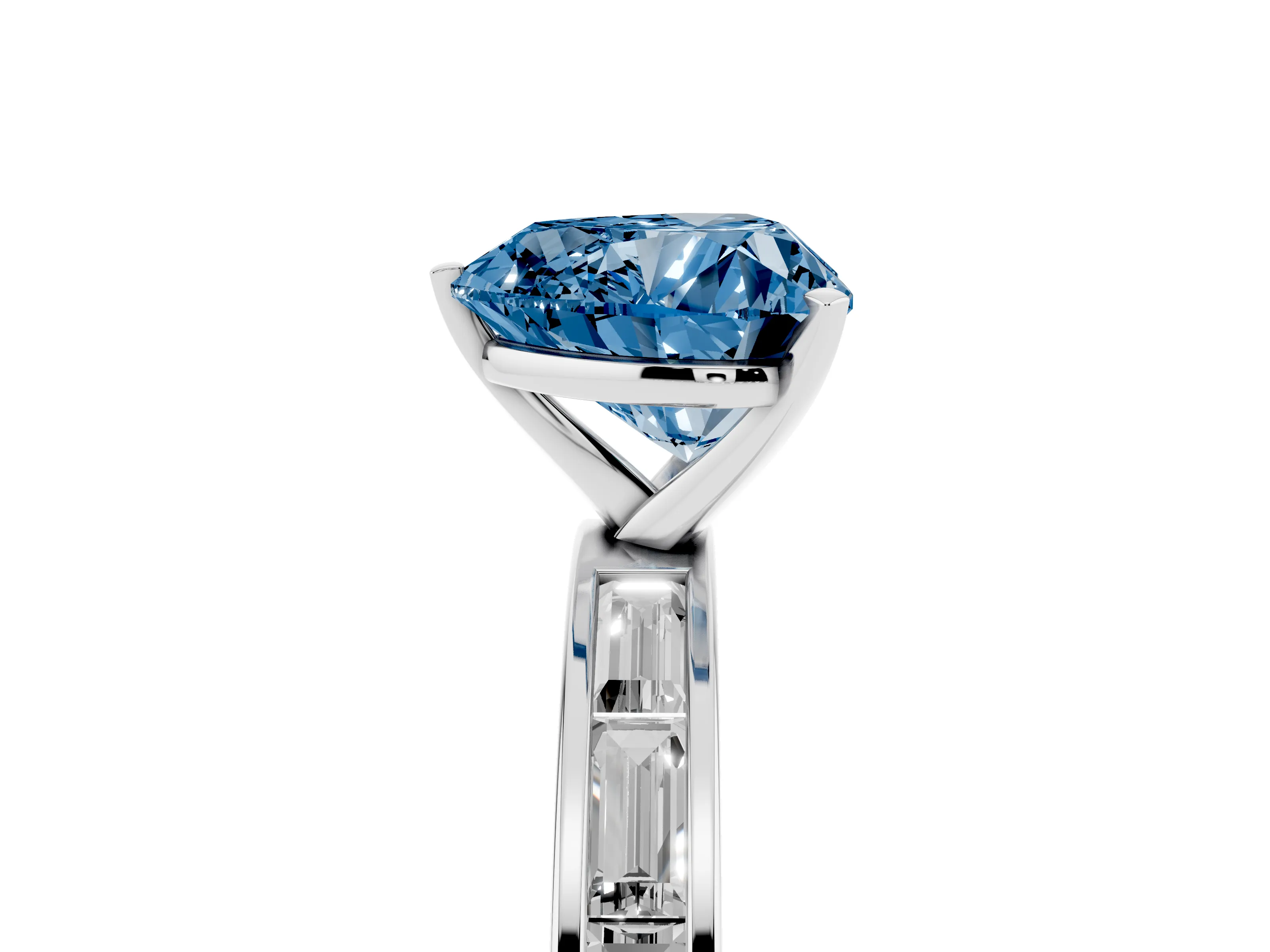Fancy Blue Heart Cut Diamond Solitaire Ring Set in Silver with Channel-Set Baguette Band and Prong Setting