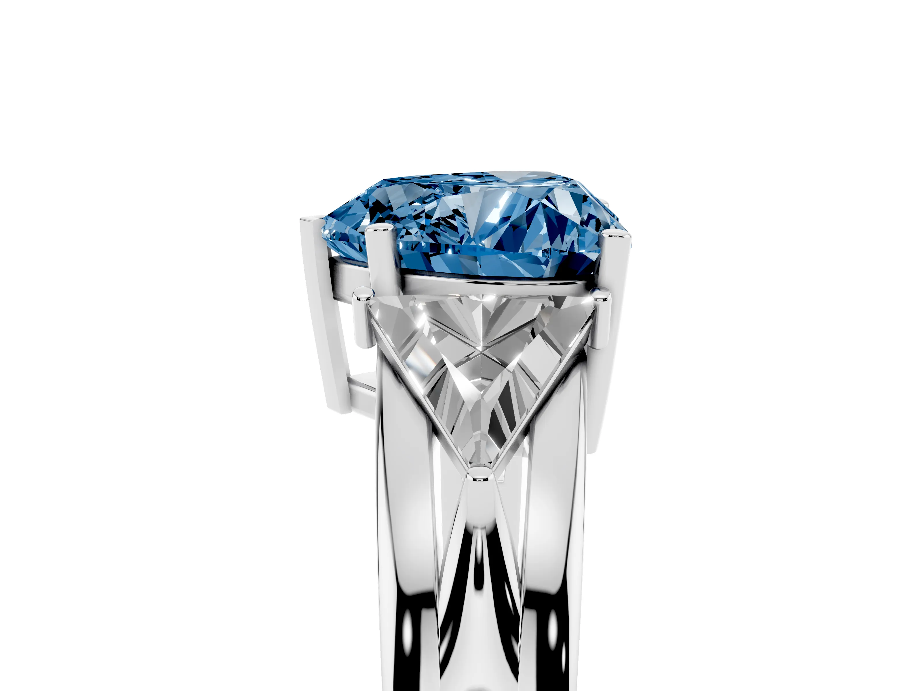 Fancy Blue Heart Cut Diamond Three-Stone Ring Set in Silver with Trillion Side Stones and Split Shank