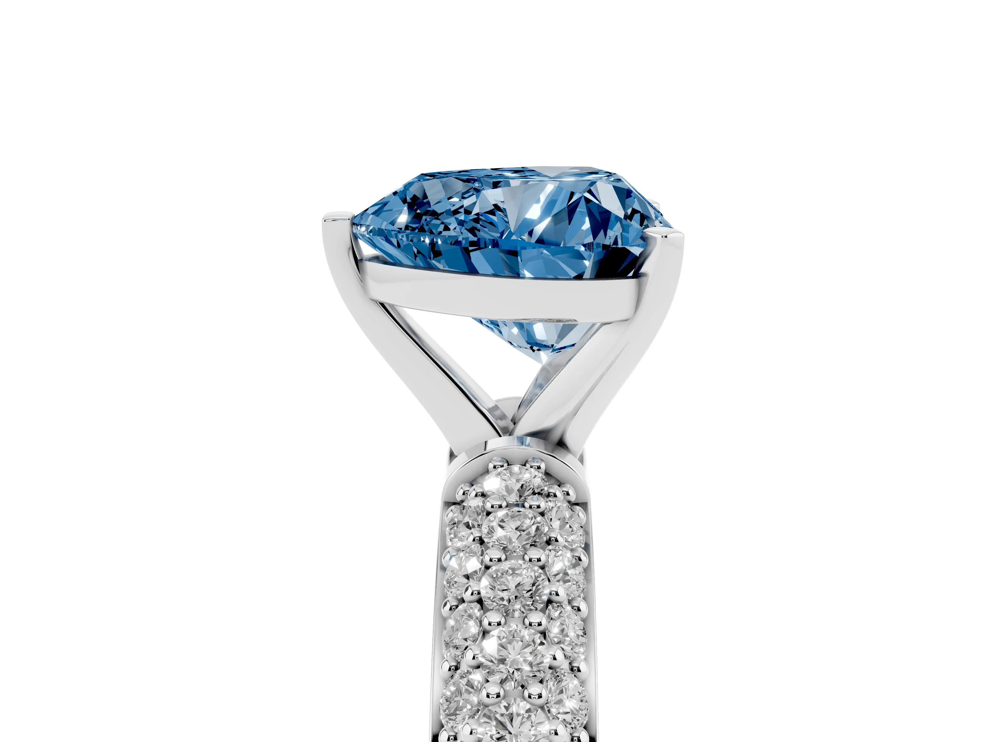 Fancy Blue Heart Cut Diamond Solitaire Ring Set in Silver with Prong Setting and Pavé-Set Band