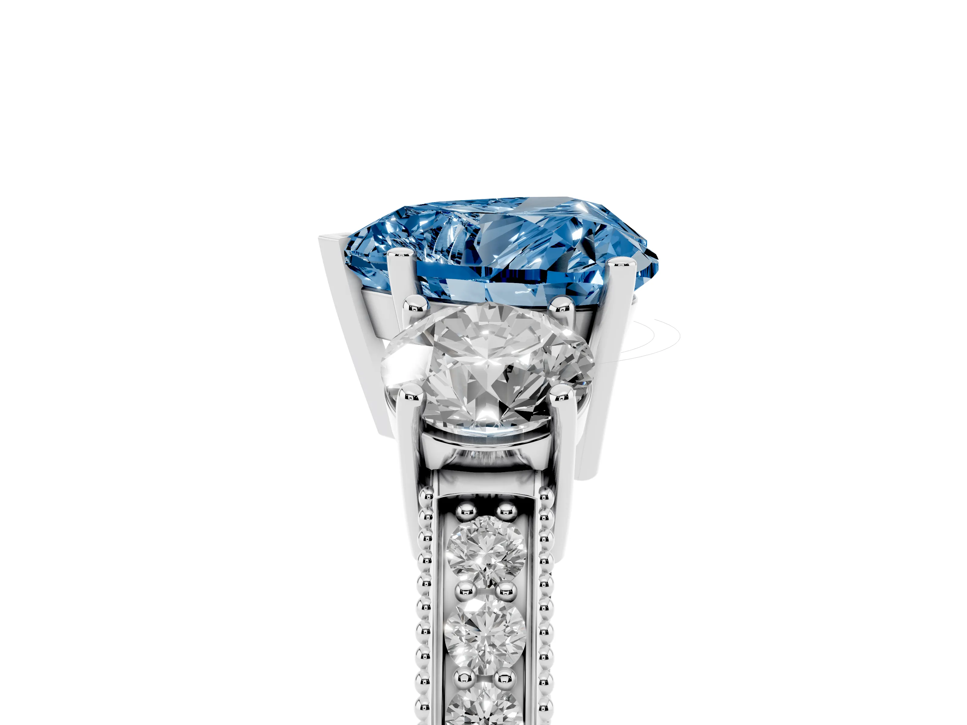 Fancy Blue Heart Cut Diamond Three-Stone Ring Set in White gold with Round Side Stones and Pavé Band