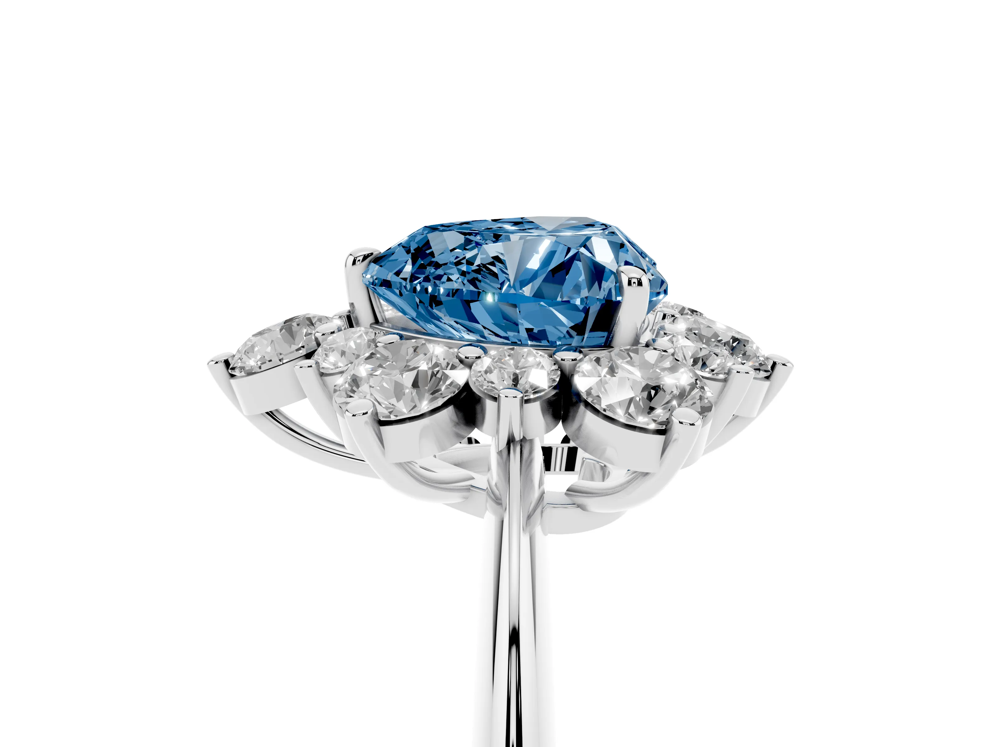 Fancy Blue Heart Cut Diamond Cluster Halo Ring Set in White gold with Solitaire Band and Prong Setting