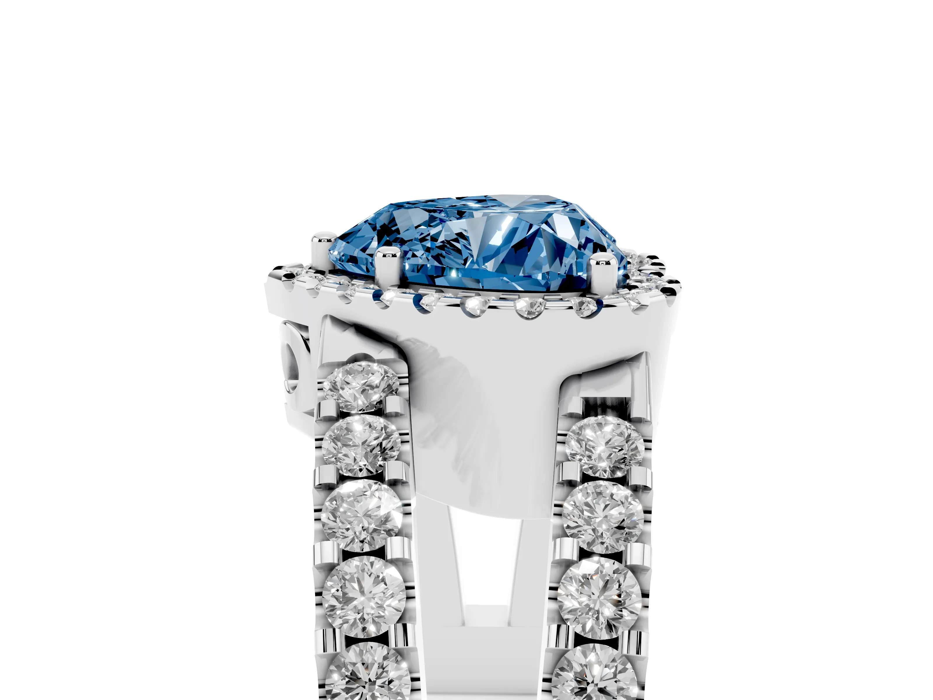 Fancy Blue Heart Cut Diamond Halo Ring Set in Silver with Pavé Split Shank and Prong Setting