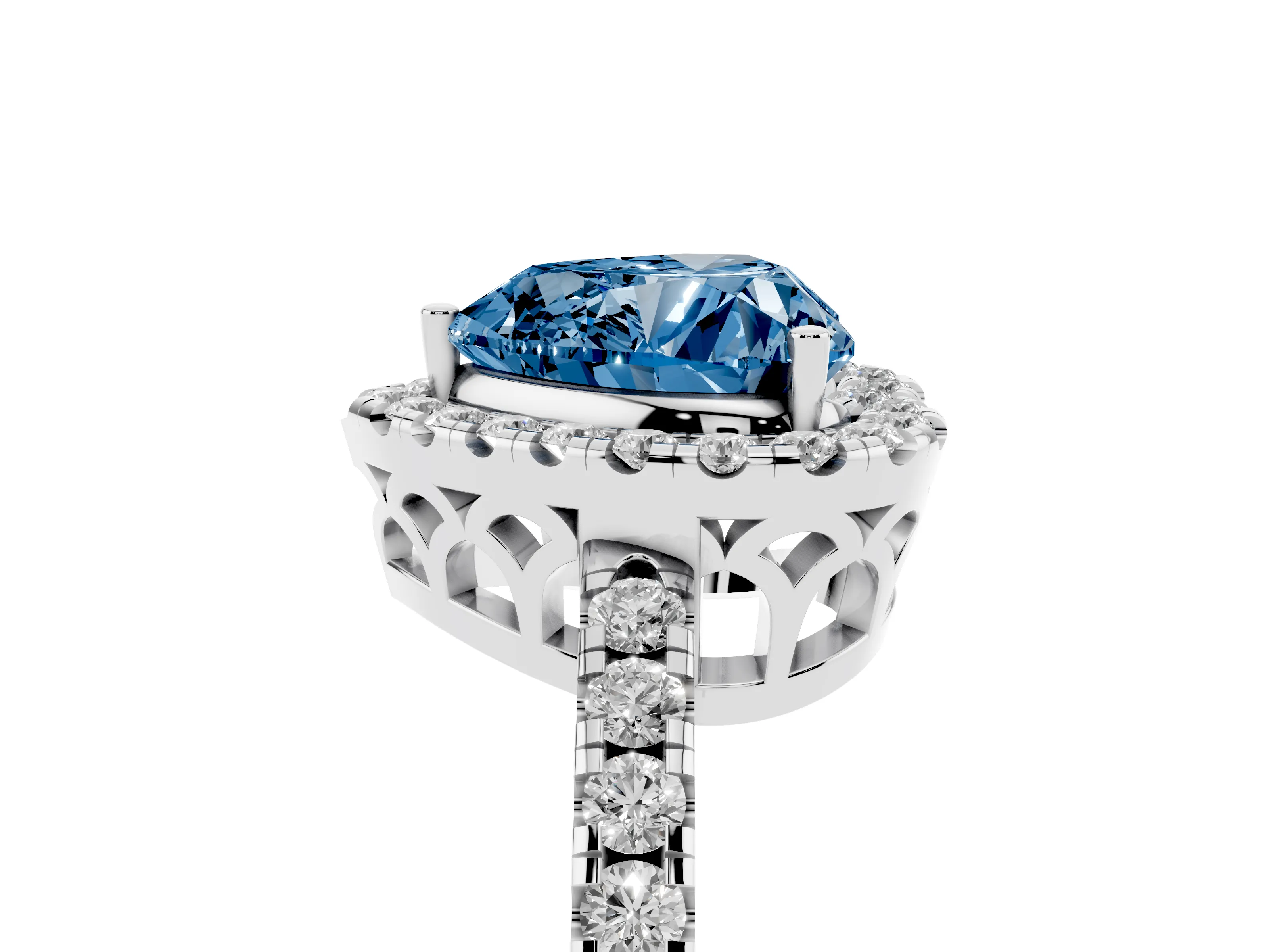 Fancy Blue Heart Cut Diamond Pavé Band Halo Engagement Ring Set in White gold with Prong Setting