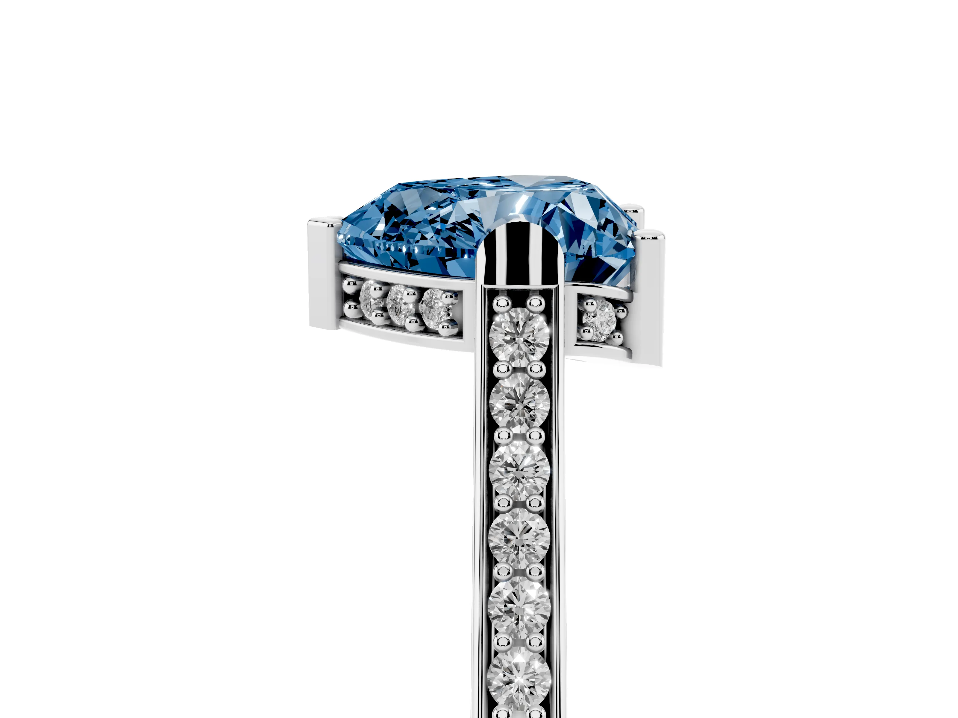 Fancy Blue Heart Cut Diamond Solitaire Ring Set in White gold with Channel Set Band and Bezel Prong Setting