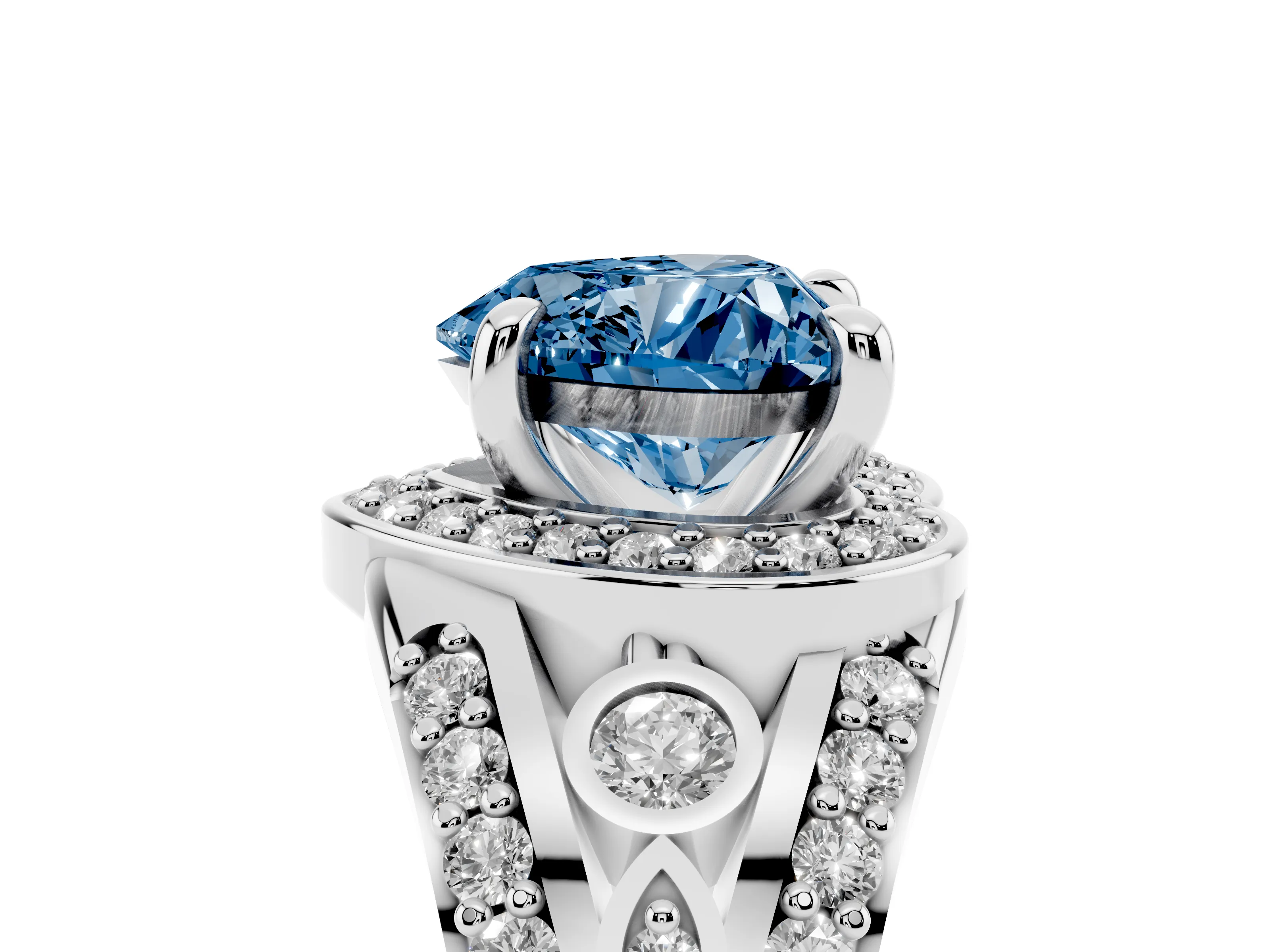 Fancy Blue Heart Cut Diamond Halo Ring Set in Silver with Pavé Split Shank and Bezel Accents