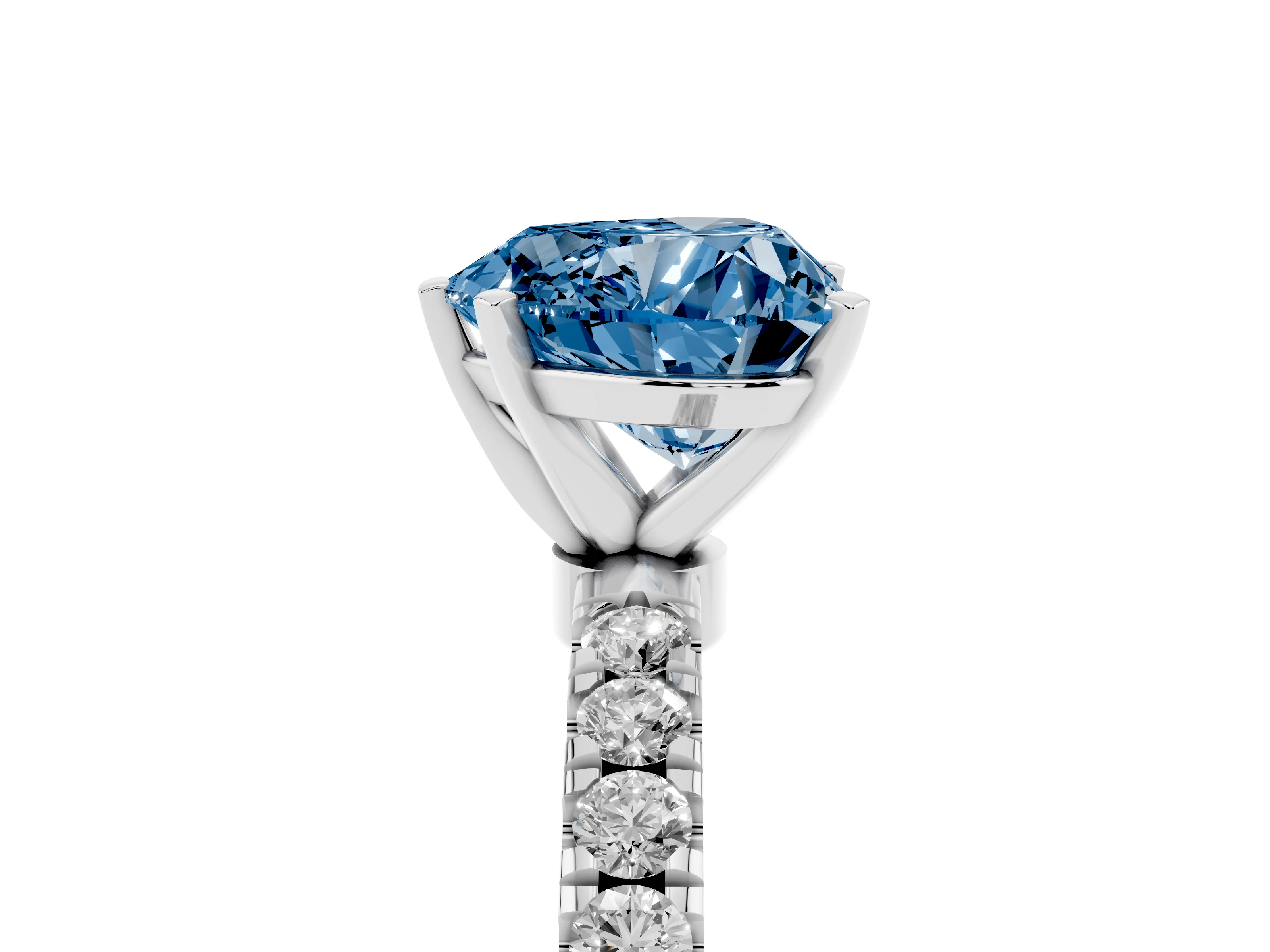 Fancy Blue Heart Cut Diamond Solitaire Ring Set in White gold with Pavé Accents and Prong Setting