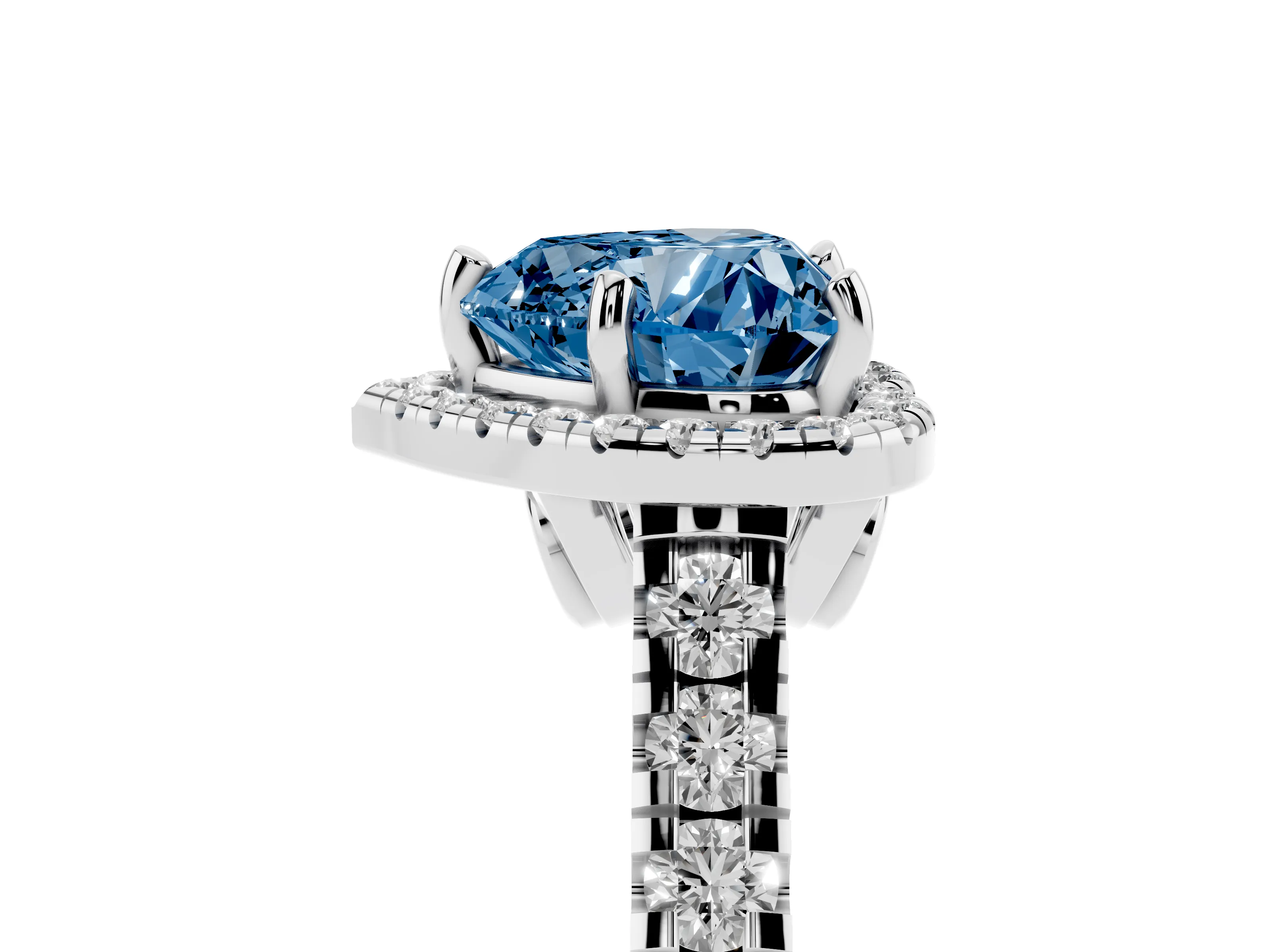 Fancy Blue Heart Cut Diamond Halo Engagement Ring Set in White gold with Pavé Band and Prong-Set Center