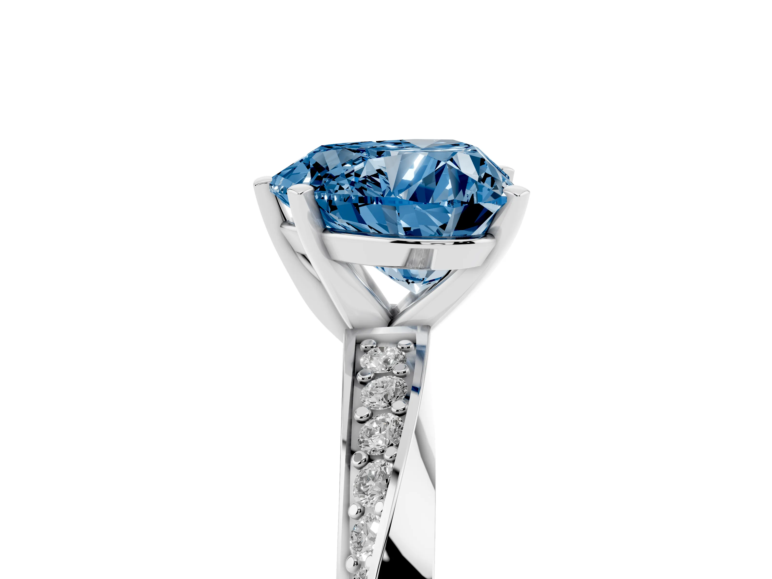 Fancy Blue Heart Cut Diamond Engagement Ring Set in White gold with Side Stone Accents and Prong Setting