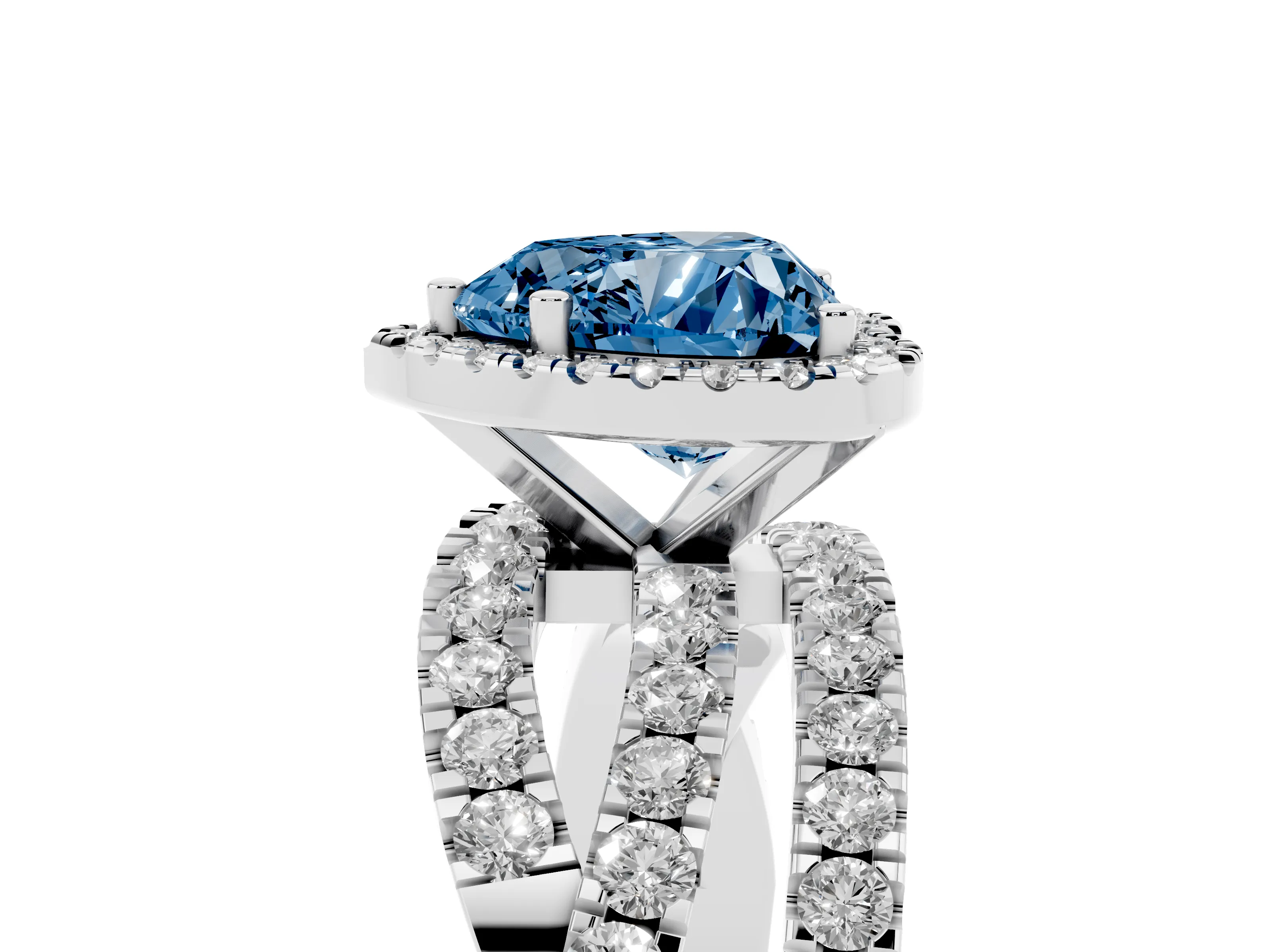 Fancy Blue Heart Cut Diamond Halo Ring Set in Silver with Round Crossover Split Shank and Prong Setting