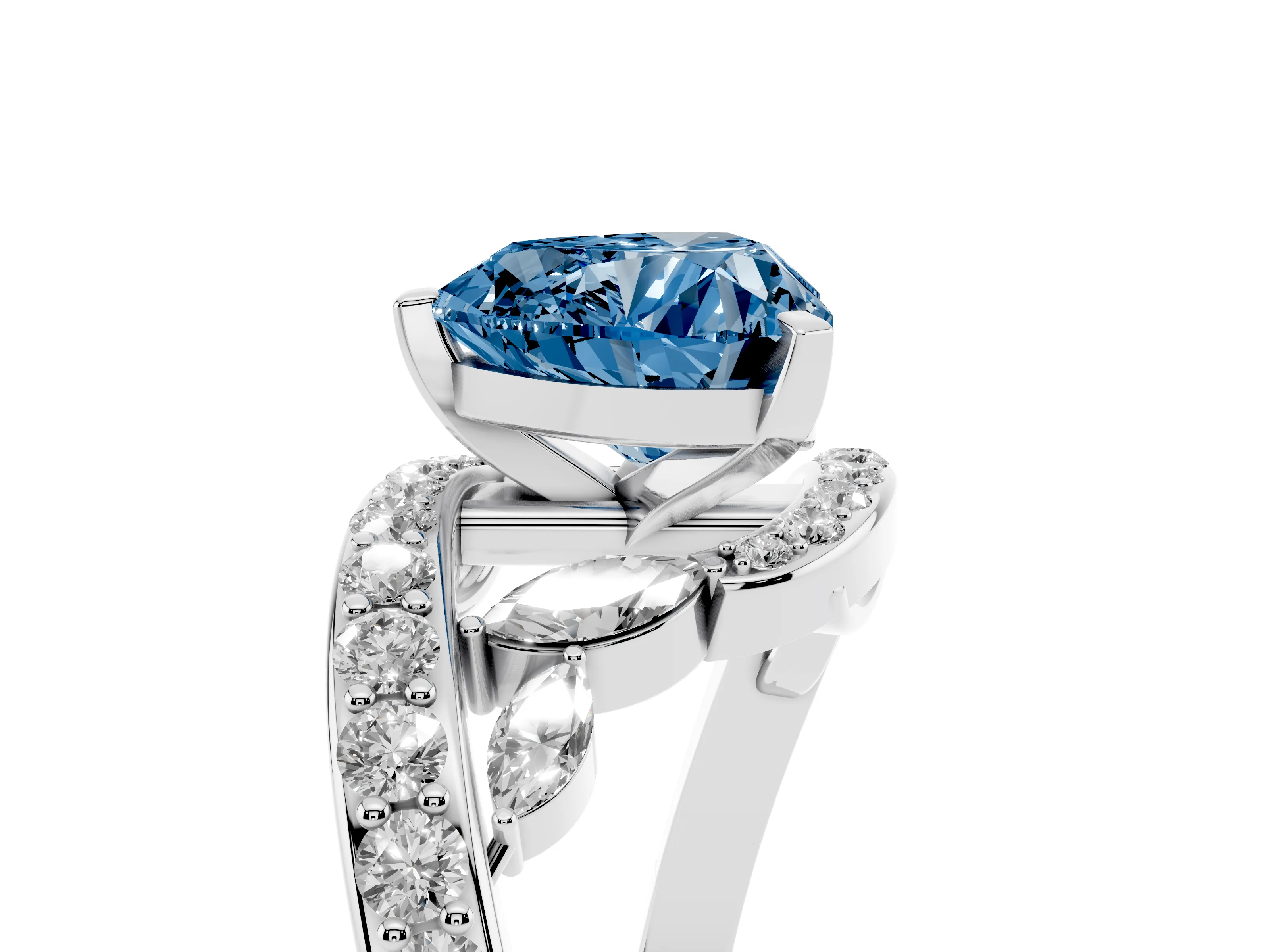Fancy Blue Heart Cut Diamond Solitaire Ring Set in White gold with Pavé Twist Band and Secure Prong Setting