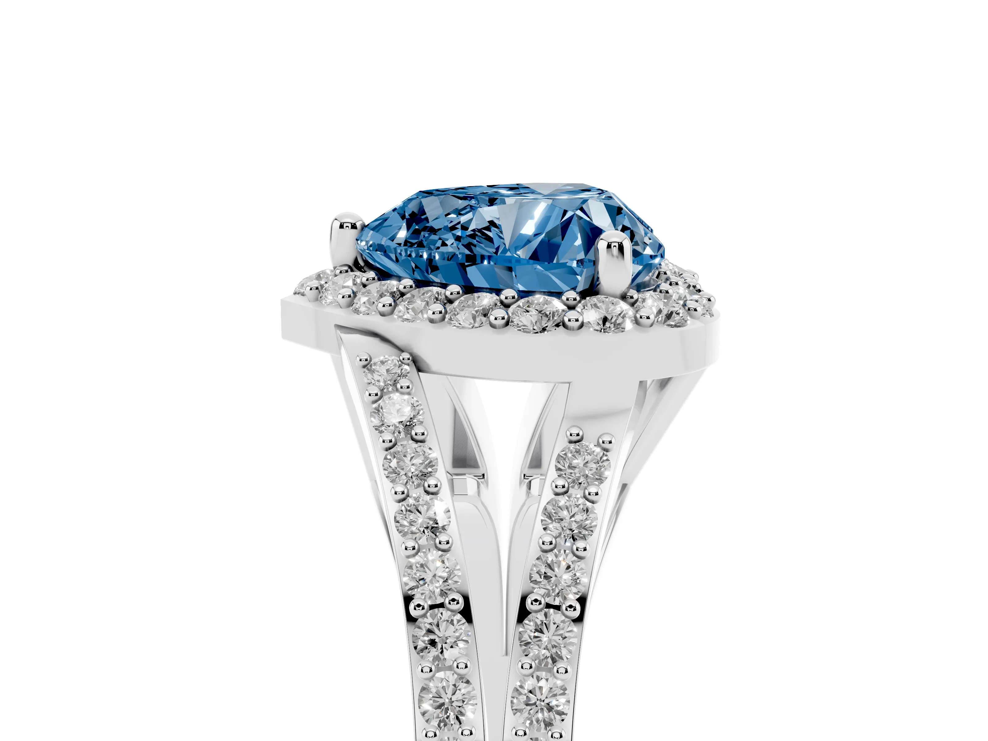 Fancy Blue Heart Cut Diamond Halo Split Shank Pavé Ring Set in White gold with Prong Setting