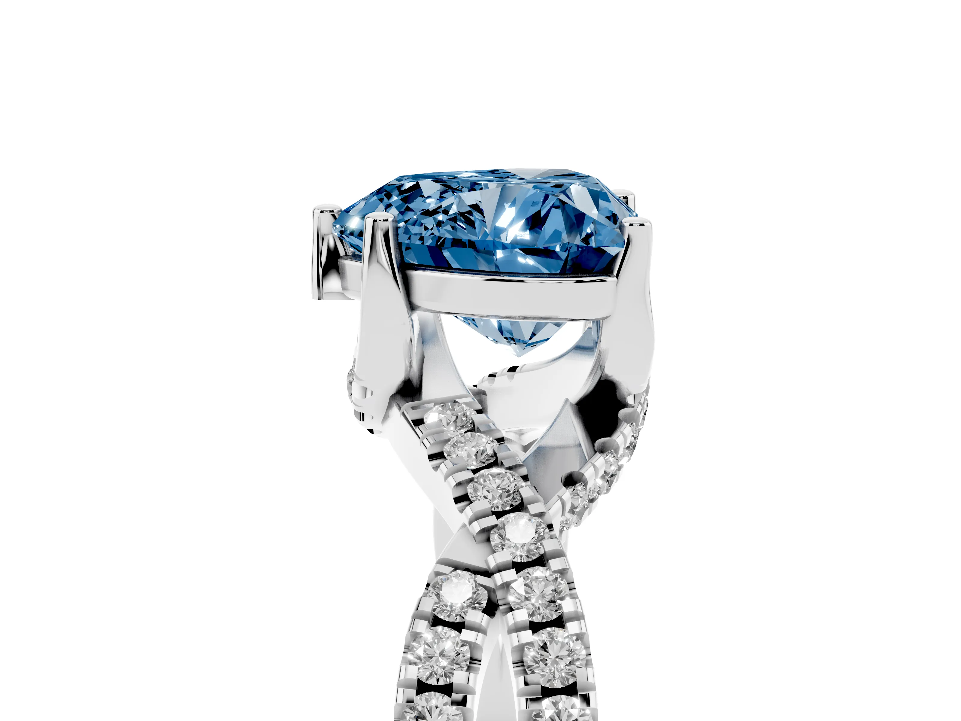 Fancy Blue Heart Cut Diamond Twist Pavé Solitaire Engagement Ring Set in Platinum with Prong Setting