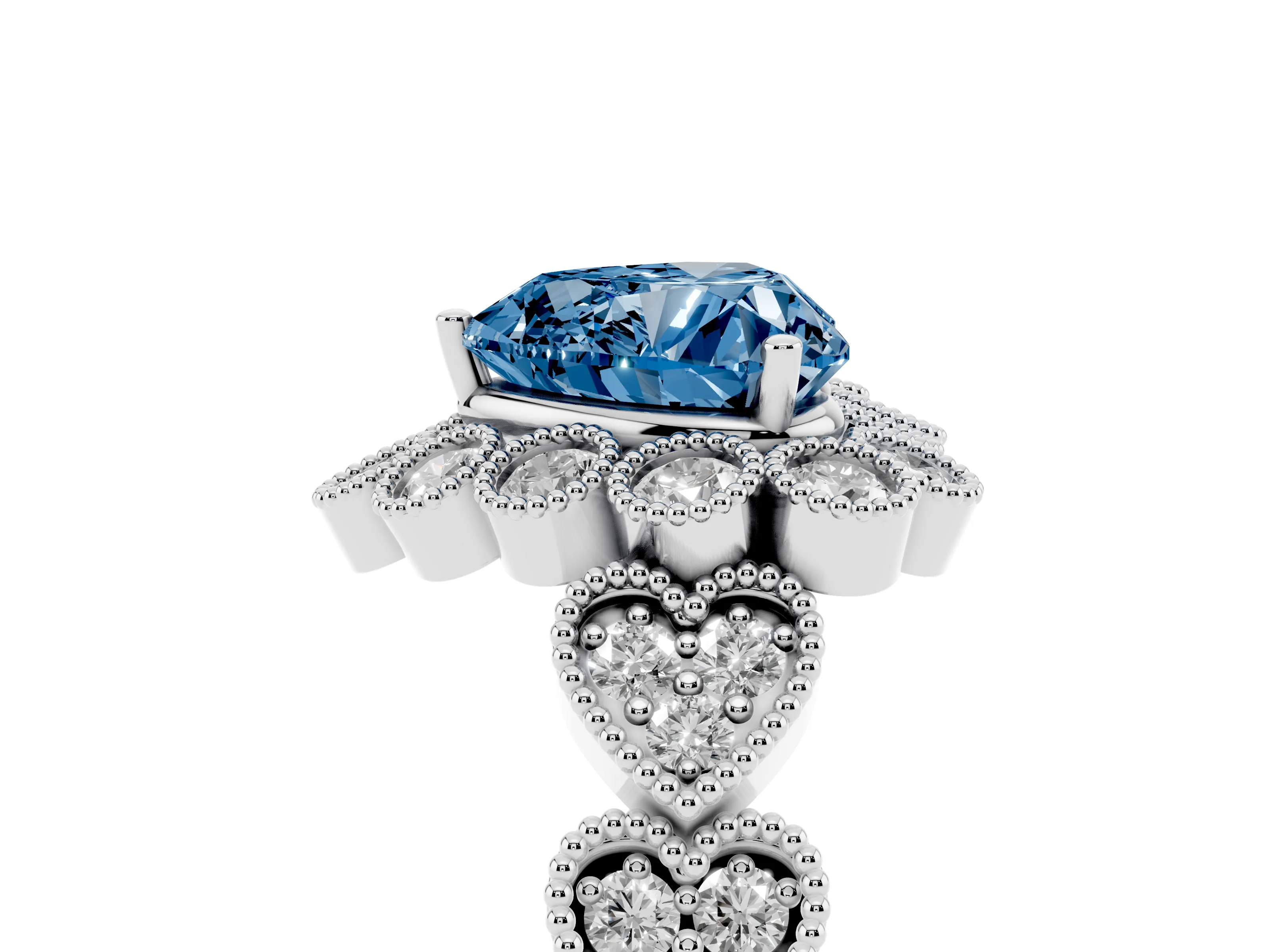Fancy Blue Heart Cut Diamond Solitaire Ring Set in Platinum with Milgrain Pavé Heart Band