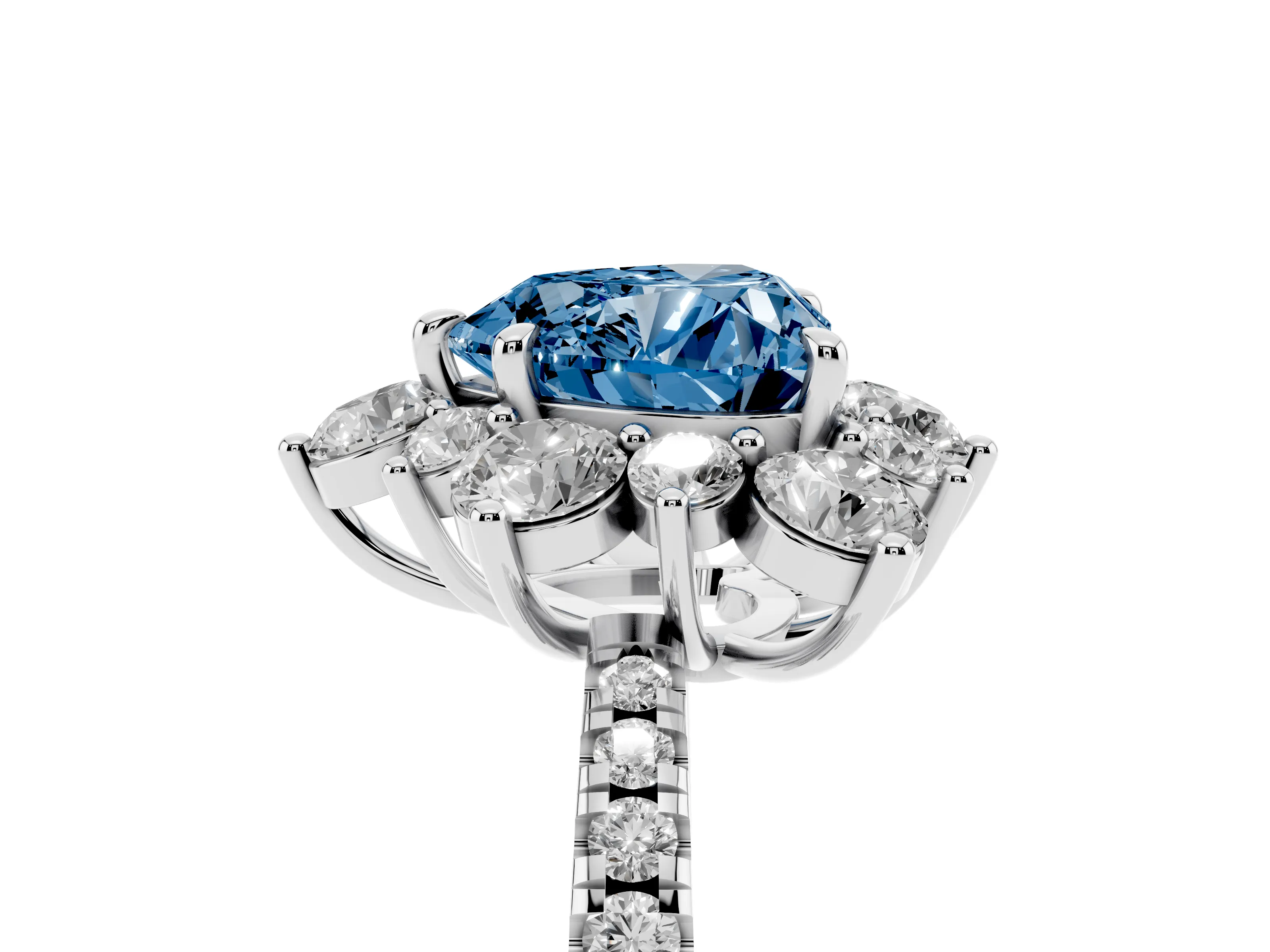 Fancy Blue Heart Cut Diamond Floral Halo Ring Set in White gold with Round Pavé Band and Prong Setting