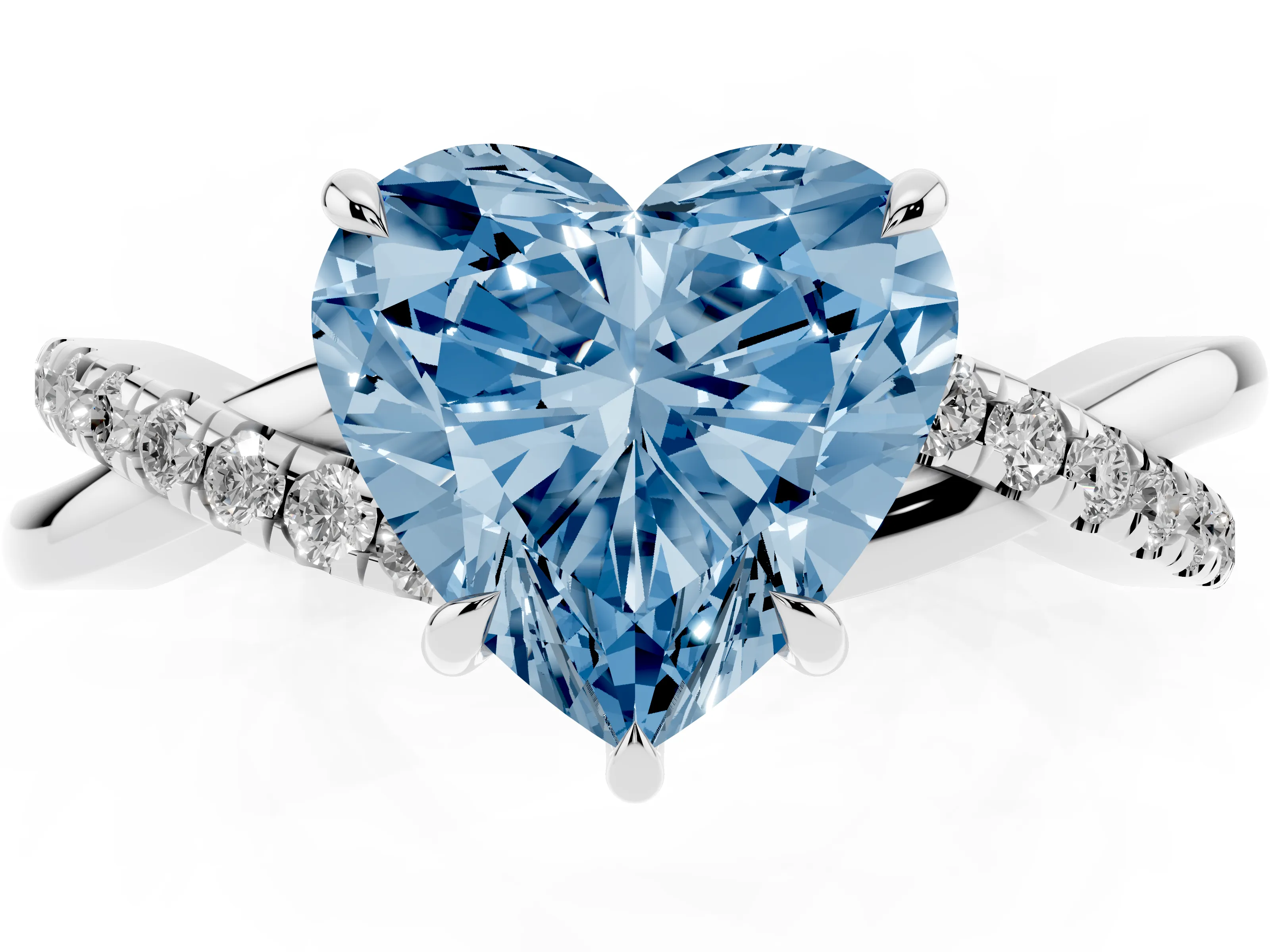 Fancy Blue Heart Cut Diamond Twisted Pavé Band Ring Set in Silver with Prong Setting