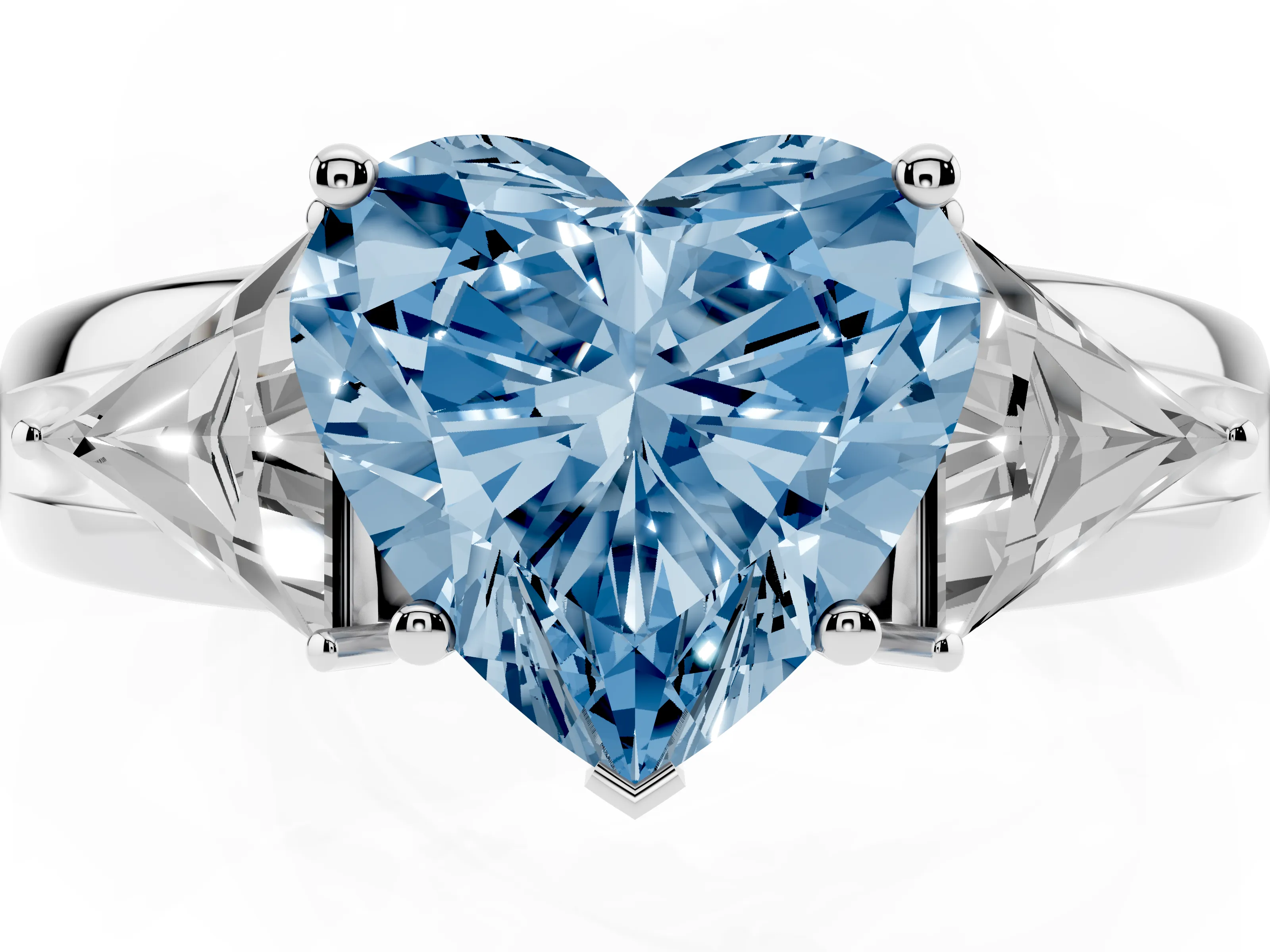 Fancy Blue Heart Cut Diamond Three-Stone Ring Set in Silver with Trillion Side Stones and Split Shank