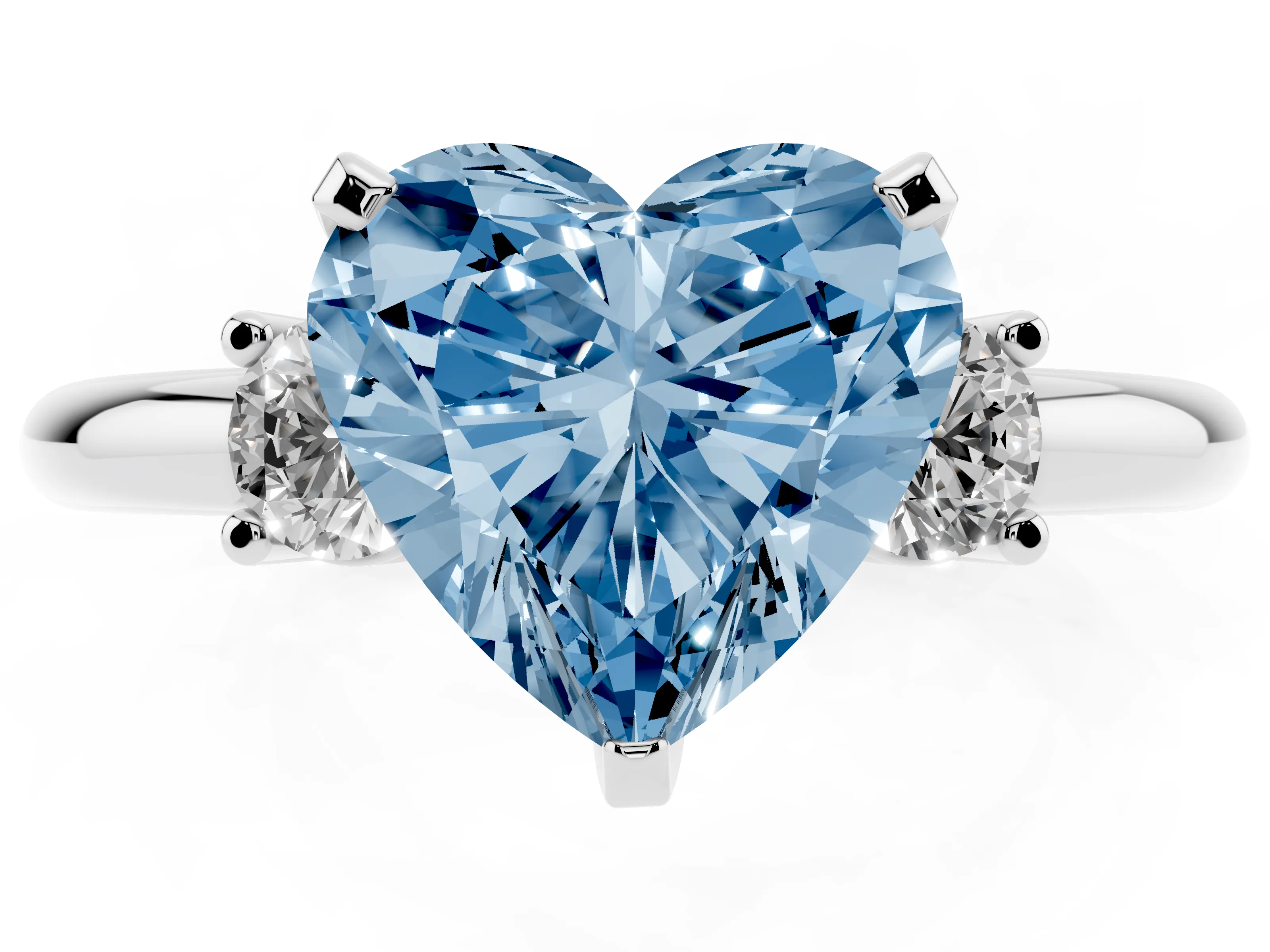 Fancy Blue Three-Stone Heart Cut Diamond Ring Set in White gold with Prong Setting and Plain Band