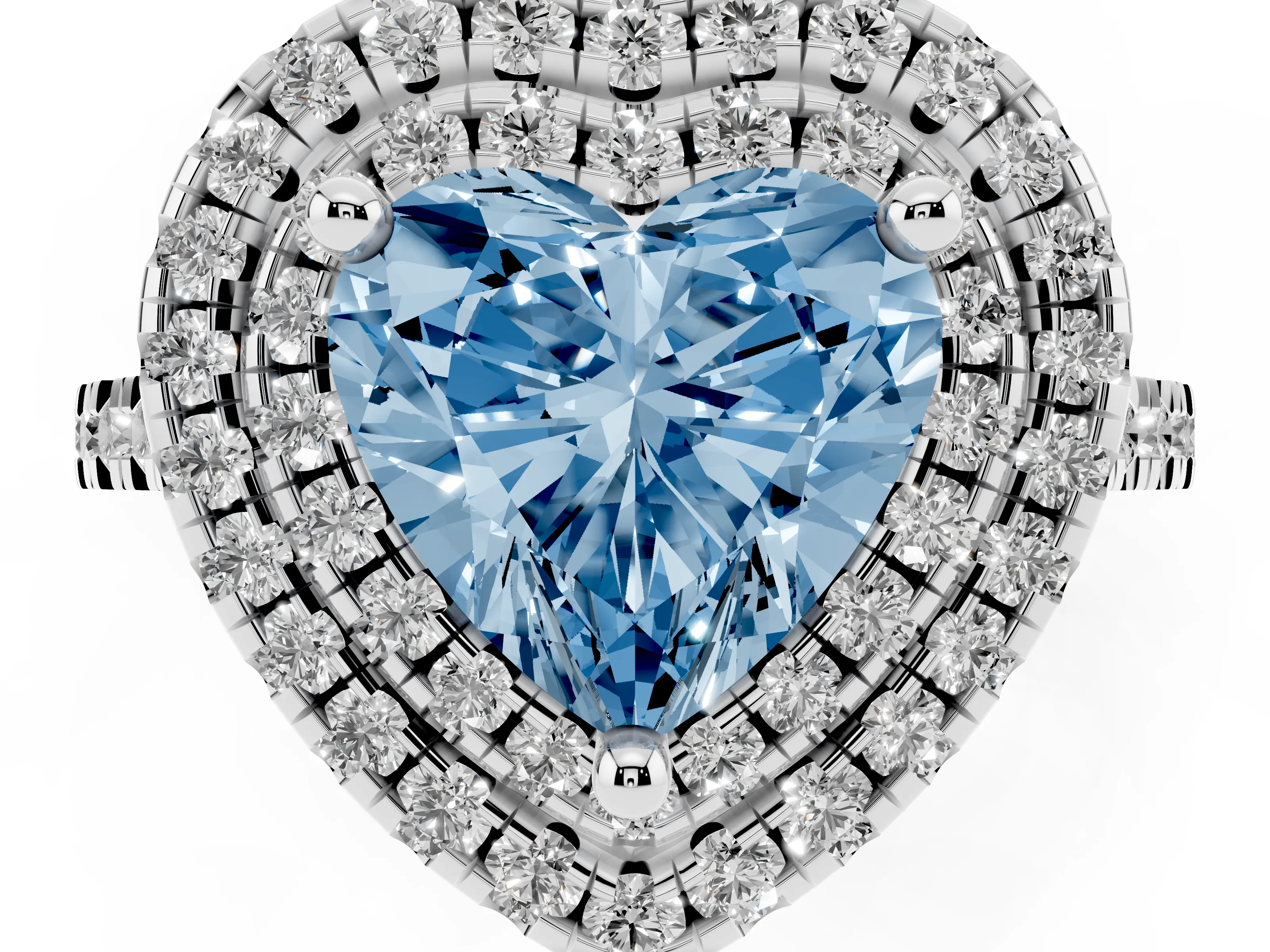 Fancy Blue Heart Cut Diamond Double Halo Statement Ring Set in Silver with Pavé Band