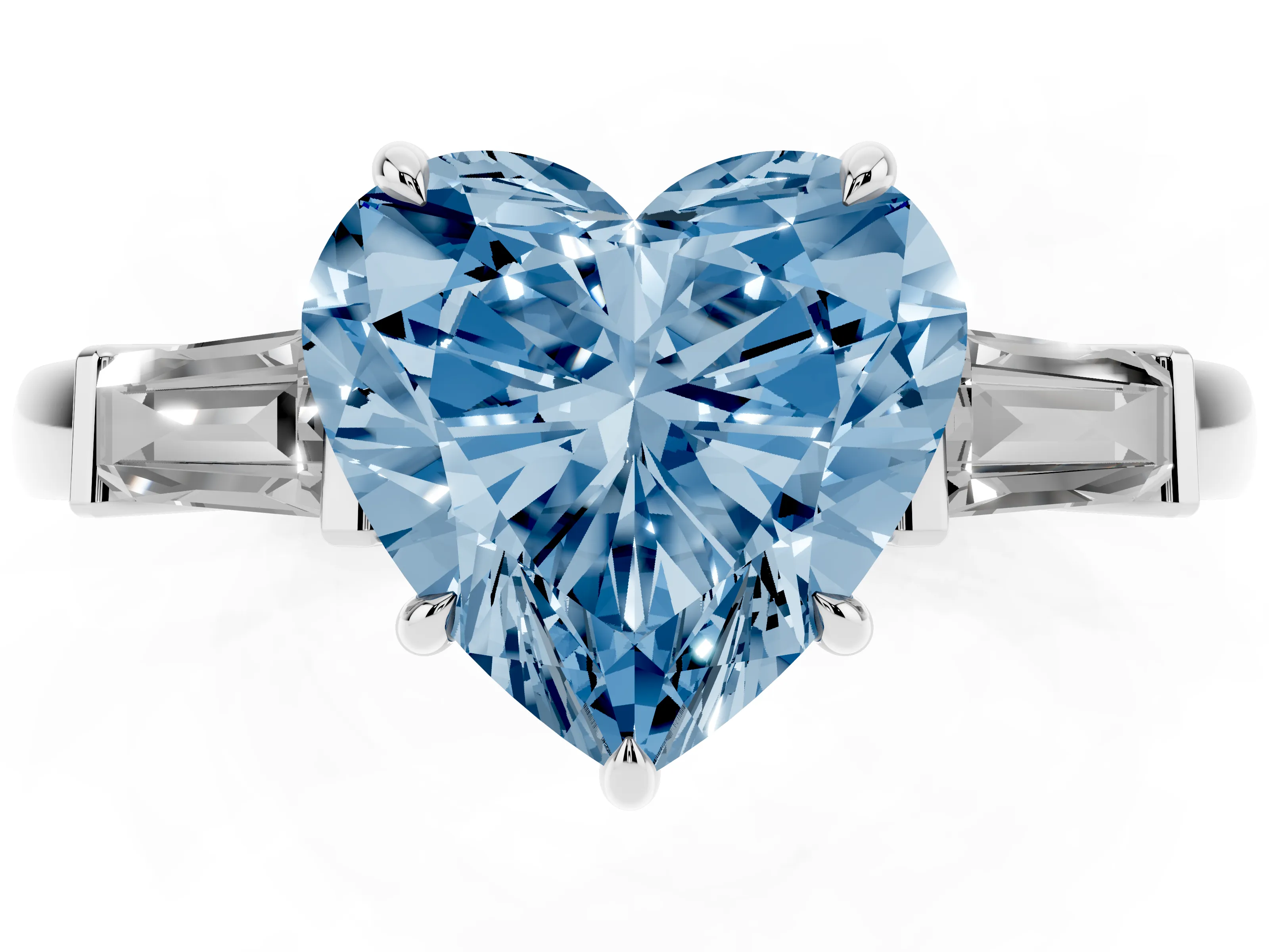 Fancy Blue Heart Cut Diamond Three-Stone Ring Set in Platinum with Tapered Baguette Side Stones and Prong Setting