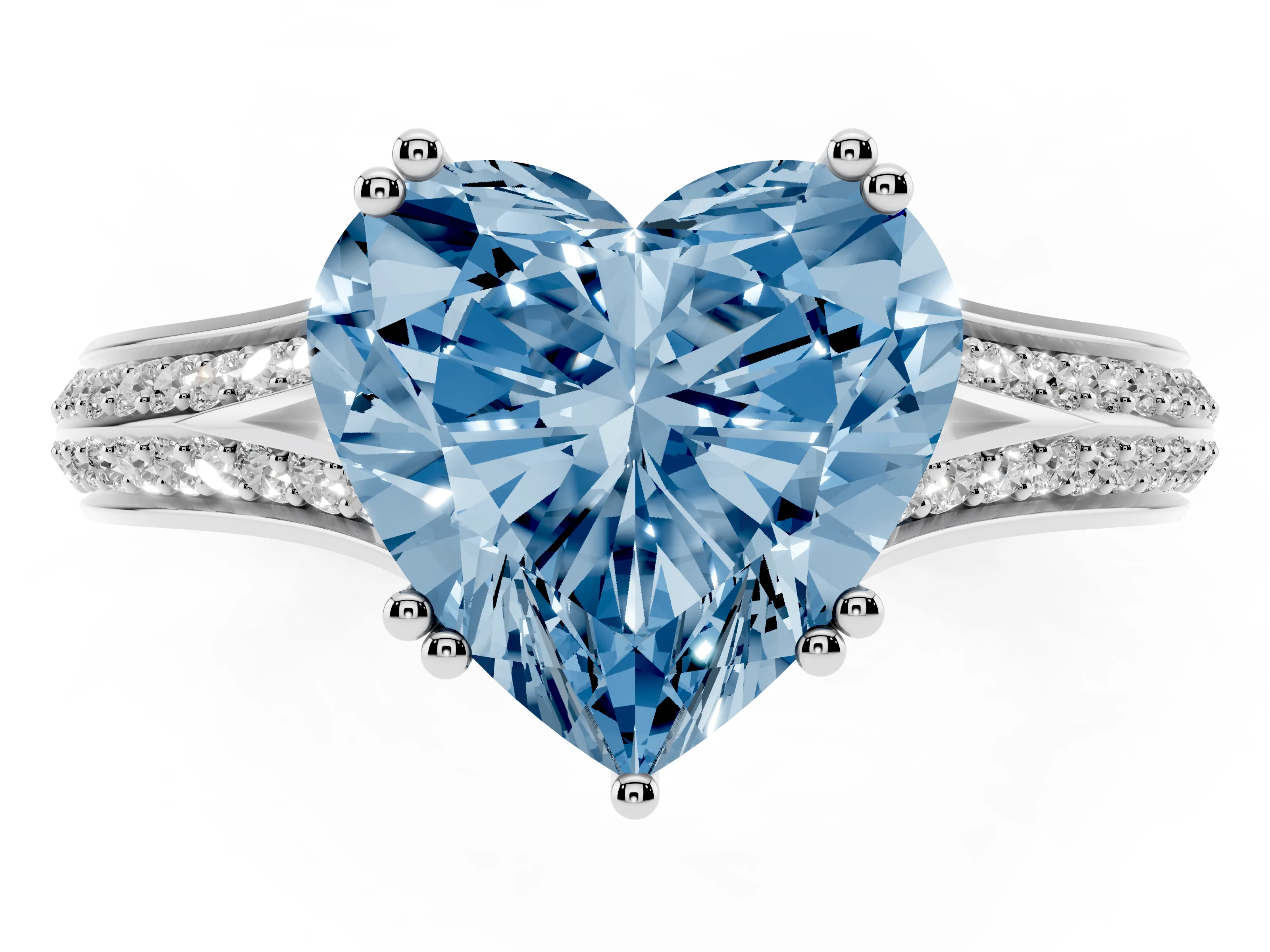 Fancy Blue Heart Cut Diamond Split Shank Pavé Engagement Ring Set in White gold with Prong-Set Center Stone
