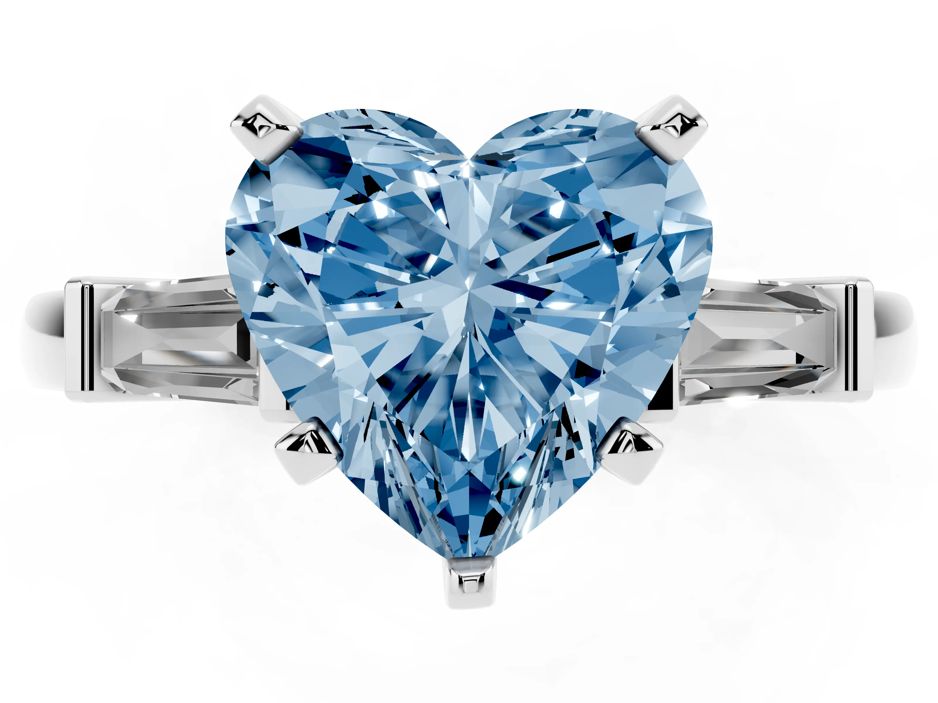 Fancy Blue Heart Cut Diamond Solitaire Ring Set in Silver with Tapered Baguette Accents and Prong Setting