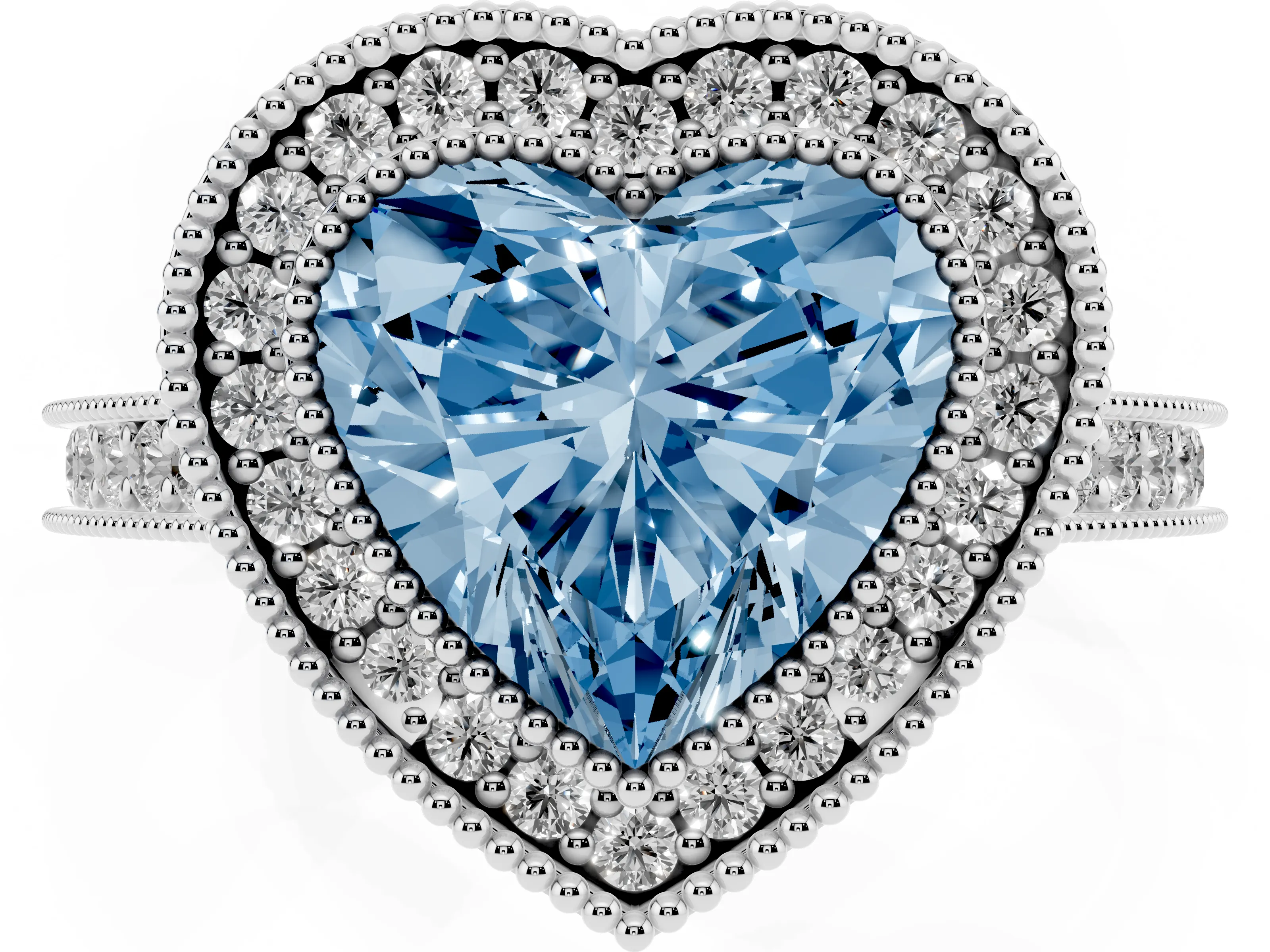 Fancy Blue Heart Cut Diamond Halo Milgrain Pavé Band Ring Set in White gold with Prong Setting