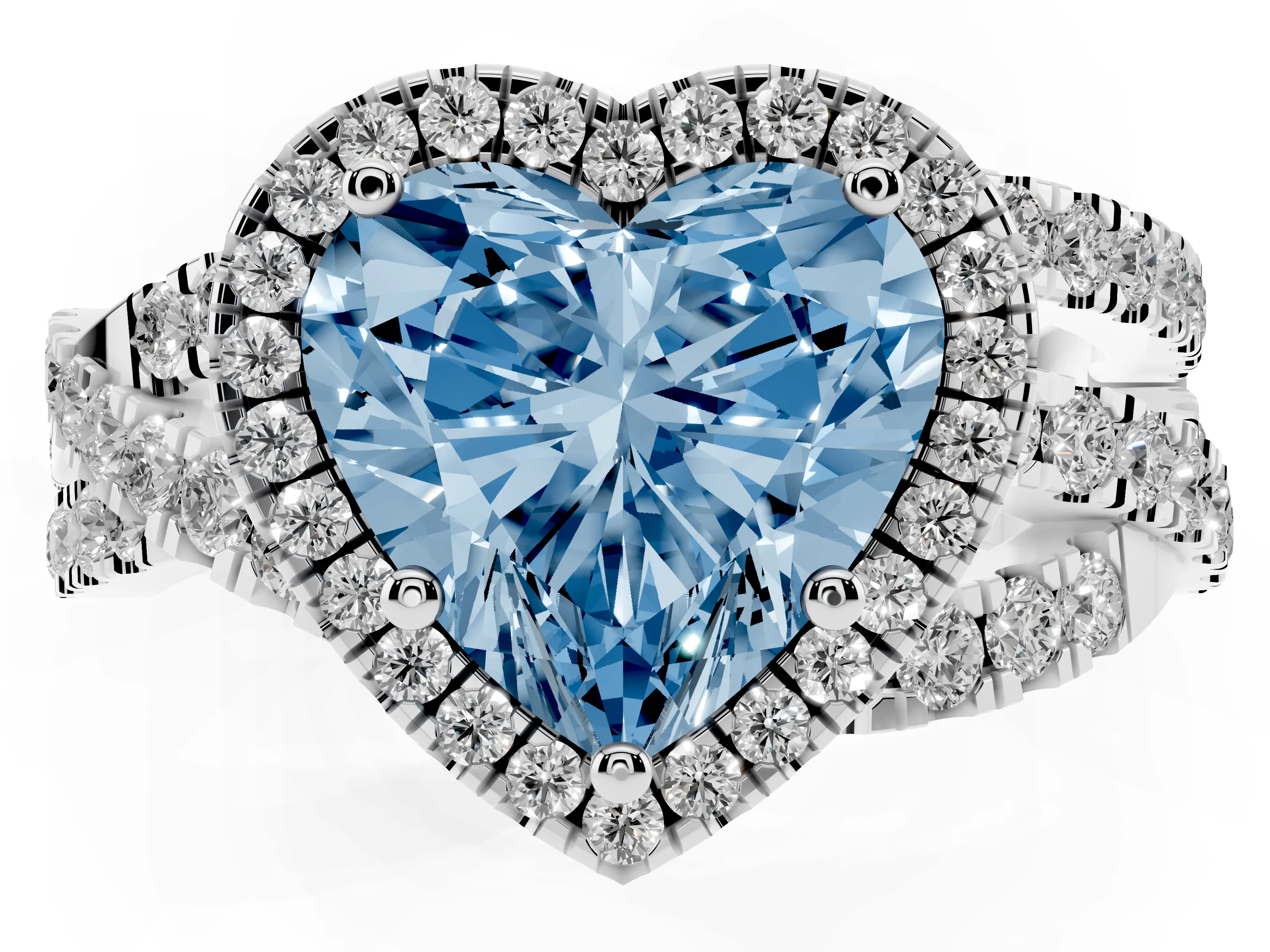 Fancy Blue Heart Cut Diamond Halo Ring Set in Silver with Round Crossover Split Shank and Prong Setting
