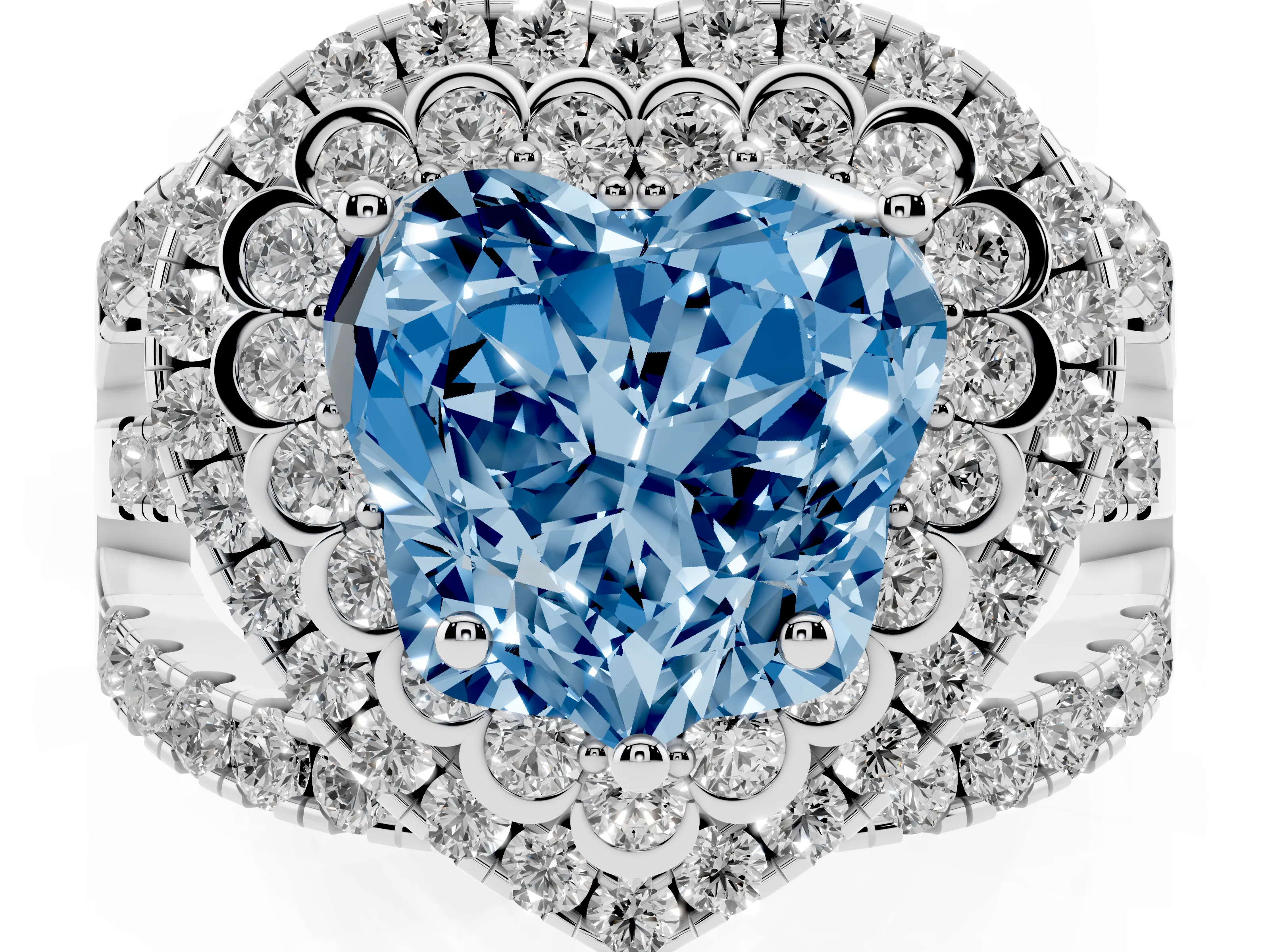 Fancy Blue Heart Cut Diamond Double Halo Ring Set in Silver with Round Pavé Split Shank