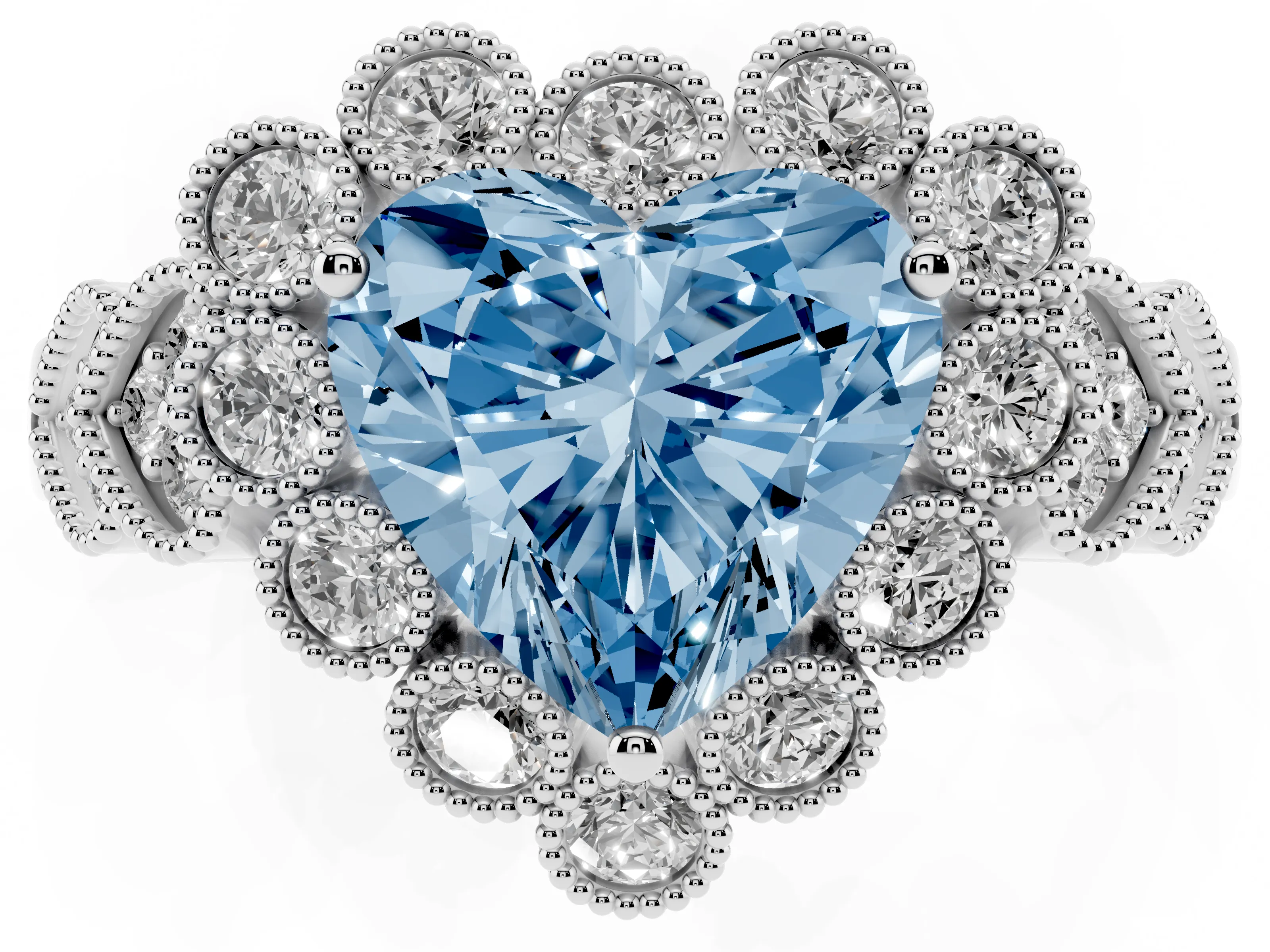 Fancy Blue Heart Cut Diamond Solitaire Ring Set in Platinum with Milgrain Pavé Heart Band